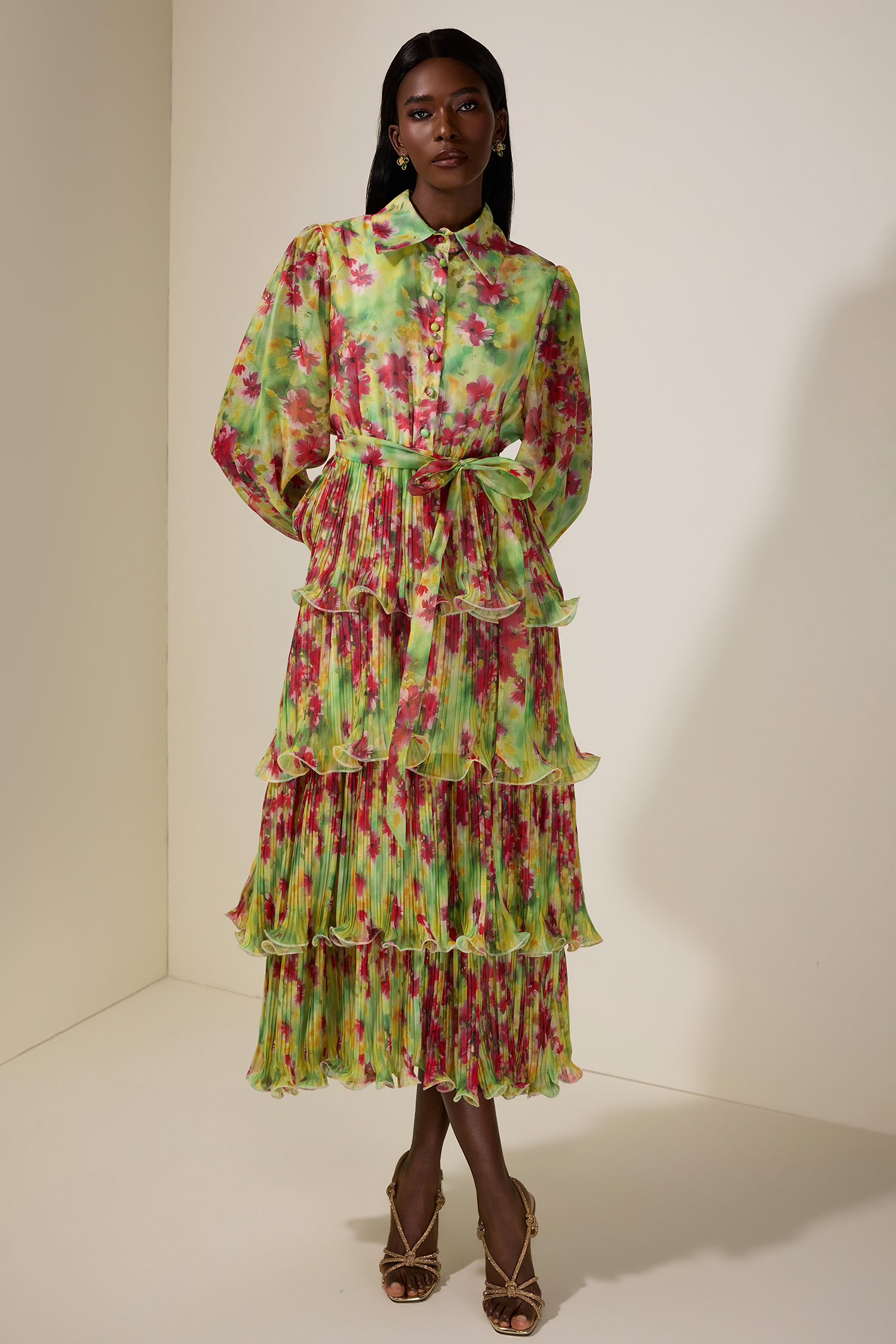 Floral Pleated Ruffle Midi Dress