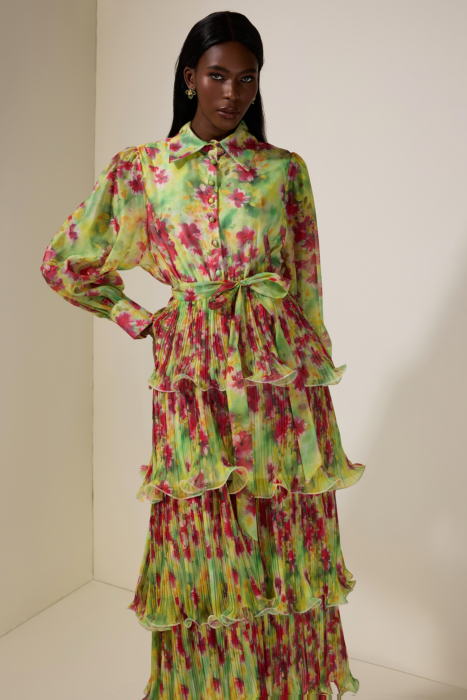 Floral Pleated Ruffle Midi Dress