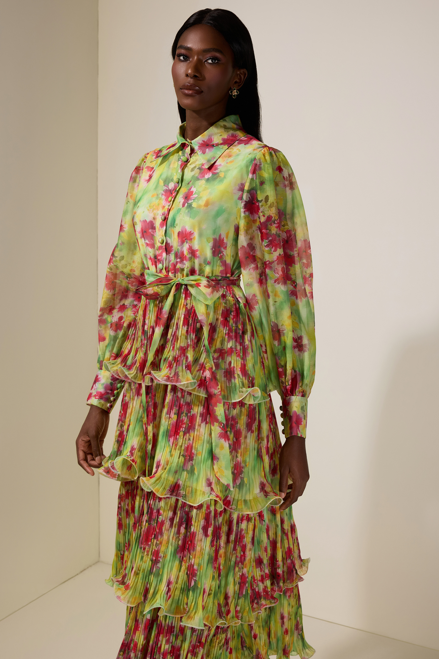 Floral Pleated Ruffle Midi Dress