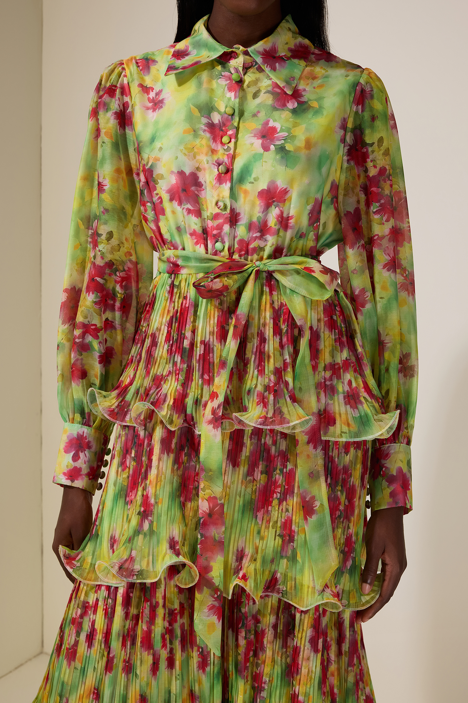 Floral Pleated Ruffle Midi Dress