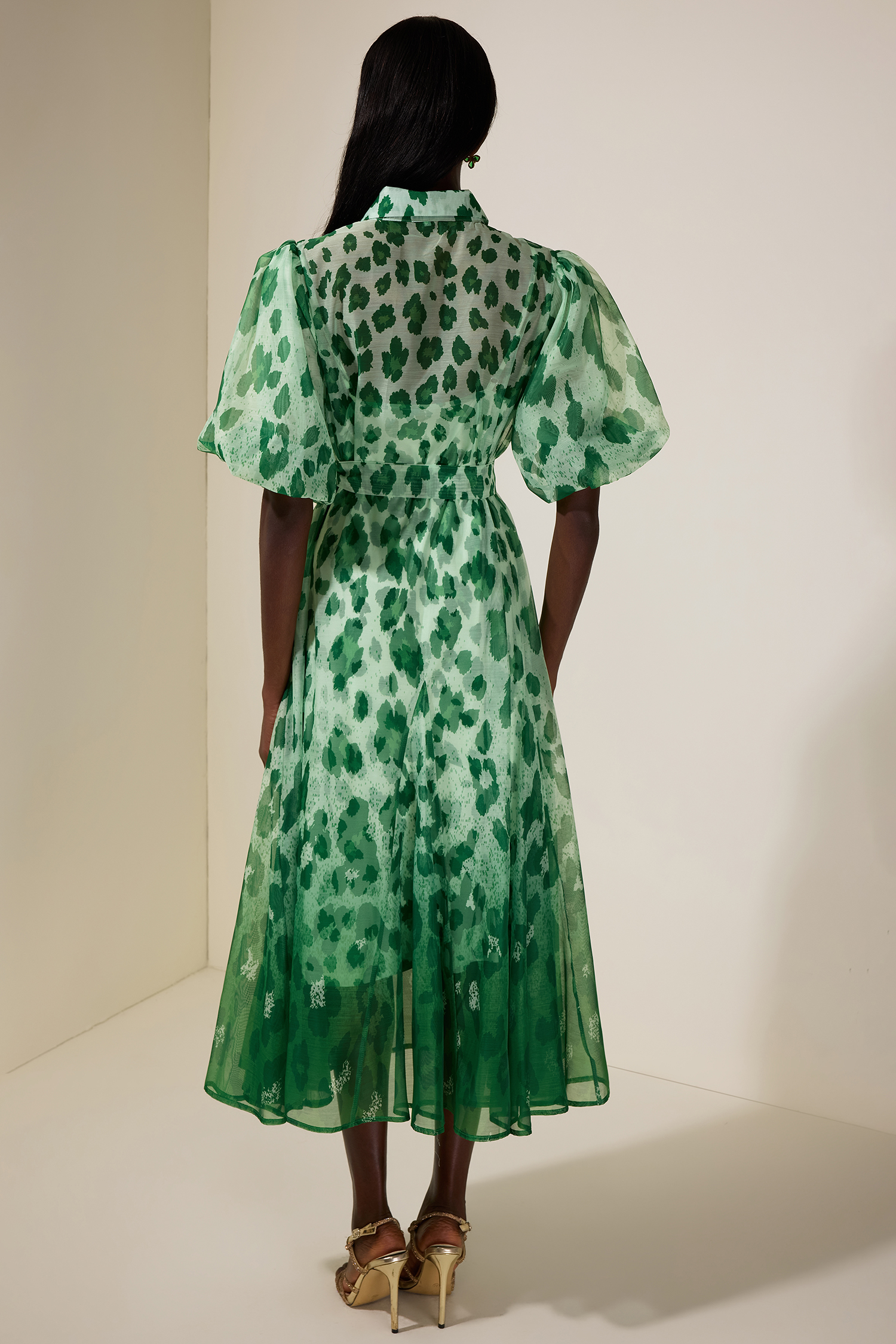 Floral Gradient Color Midi Dress With Belt