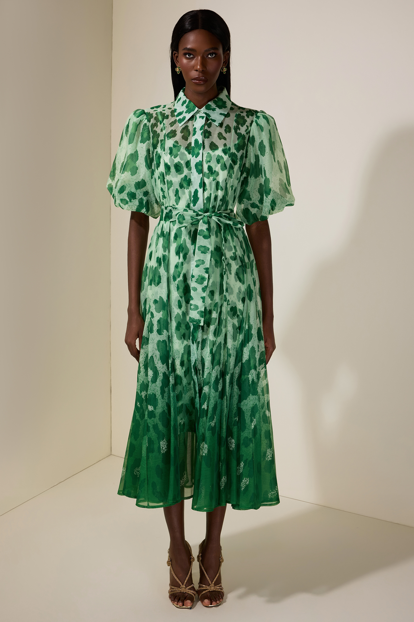 Floral Gradient Color Midi Dress With Belt