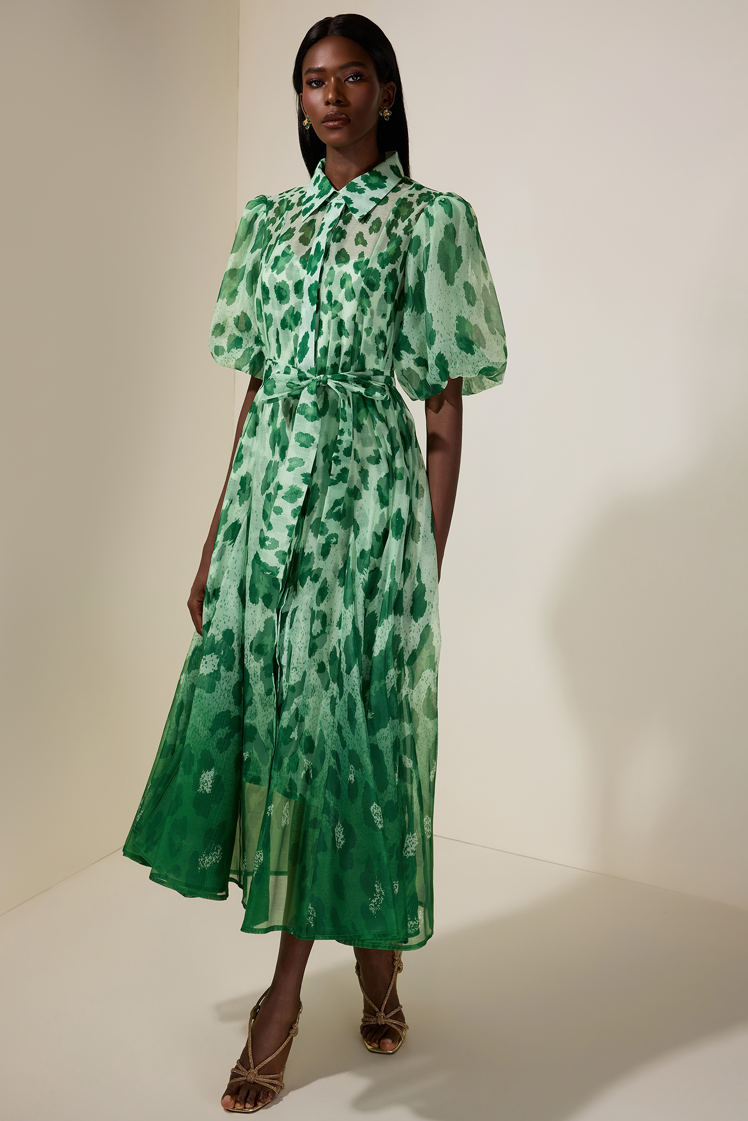 Floral Gradient Color Midi Dress With Belt