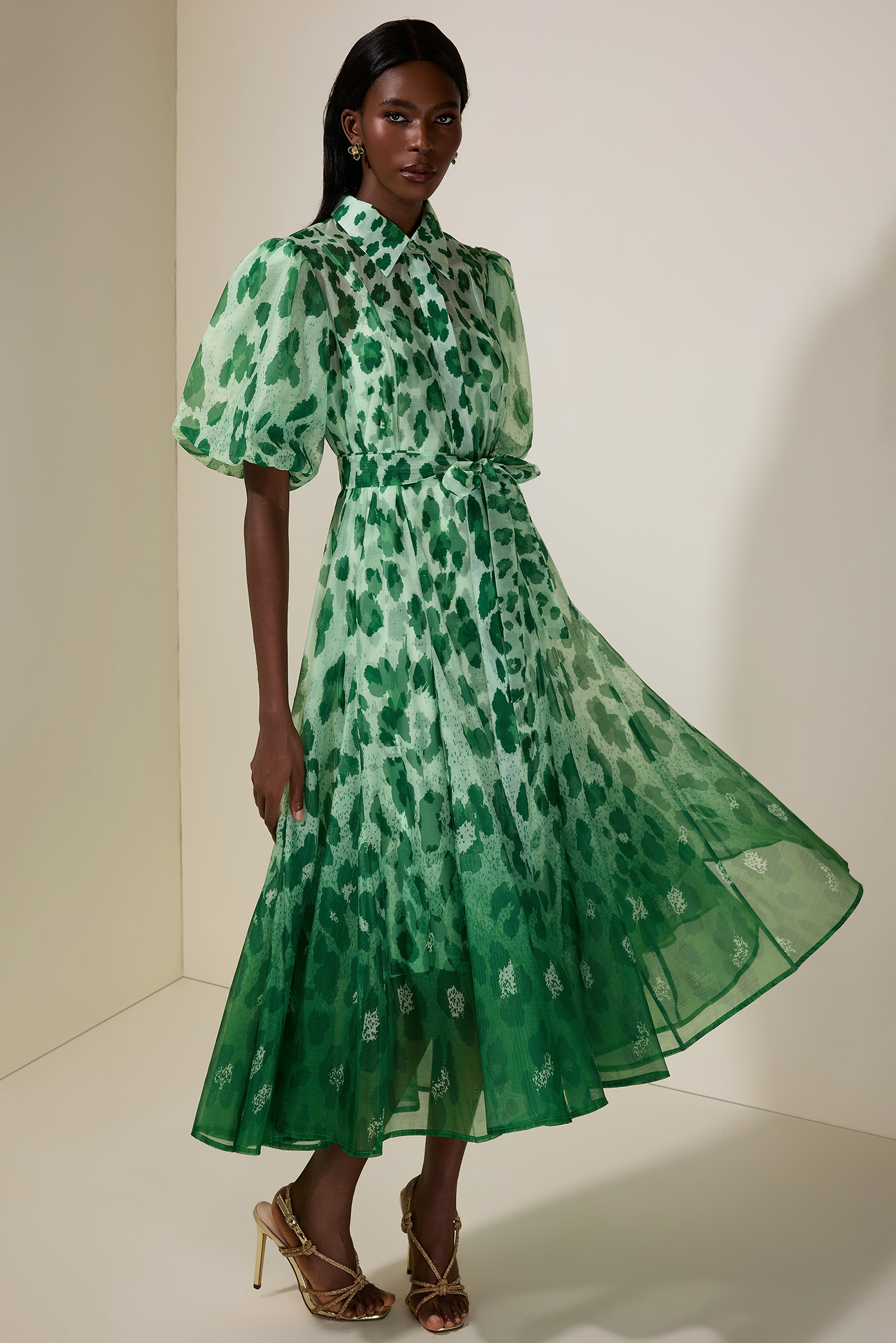 Floral Gradient Color Midi Dress With Belt