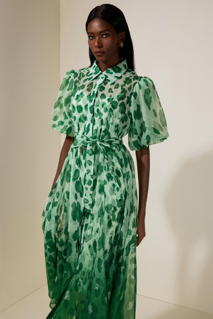 Floral Gradient Color Midi Dress With Belt