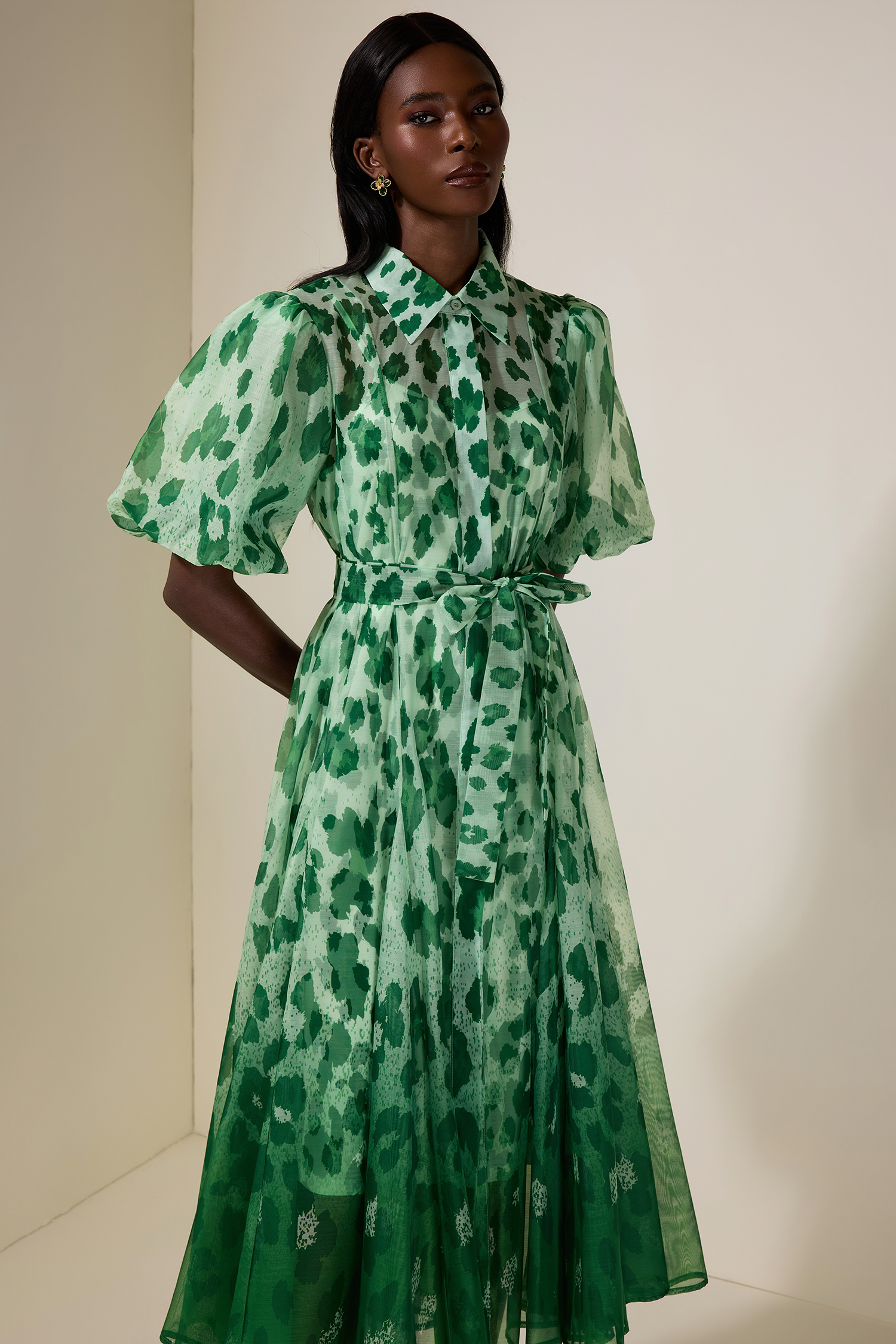 Floral Gradient Color Midi Dress With Belt