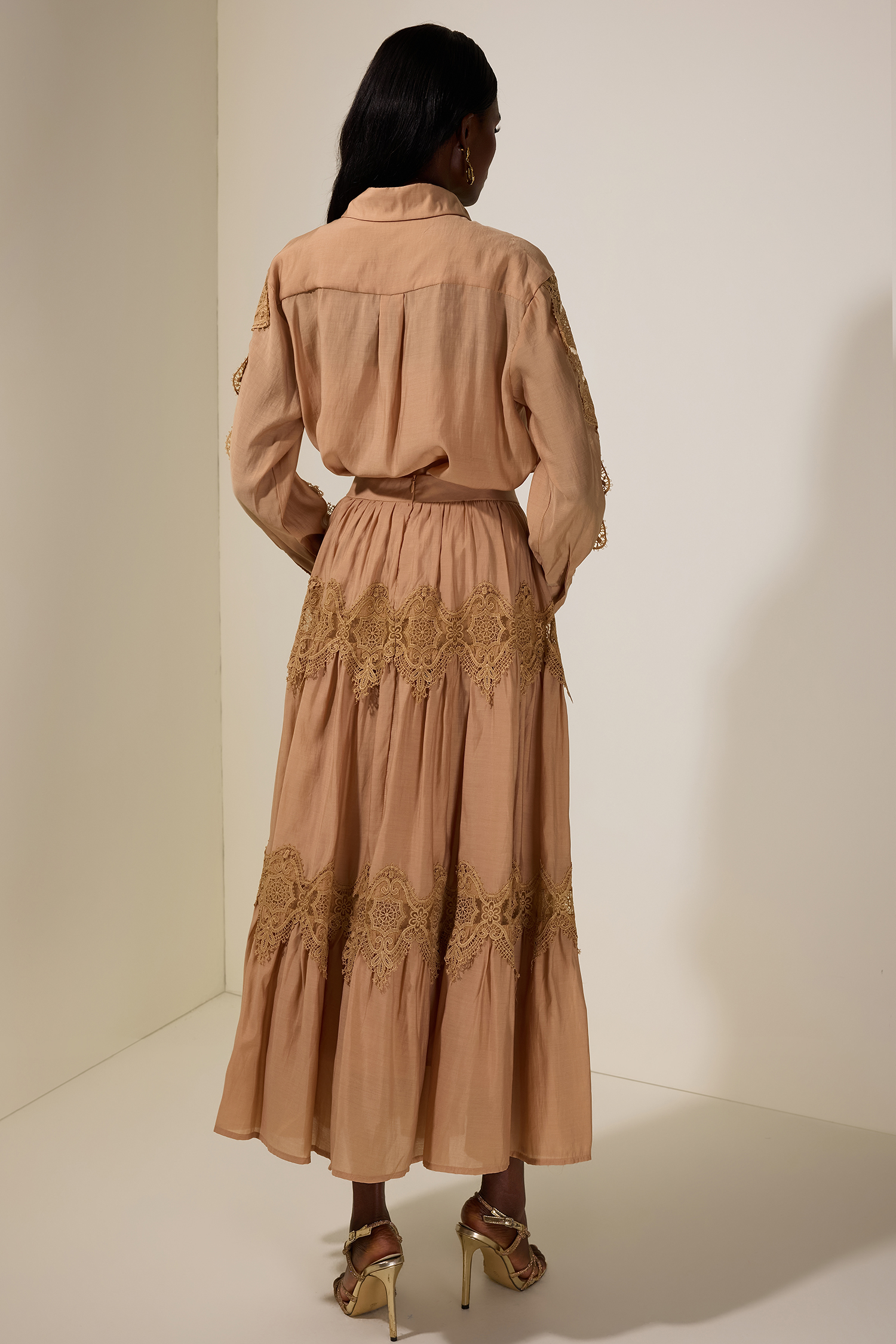 Lace Single Breasted Top & Mid Waist Midi Skirt Set