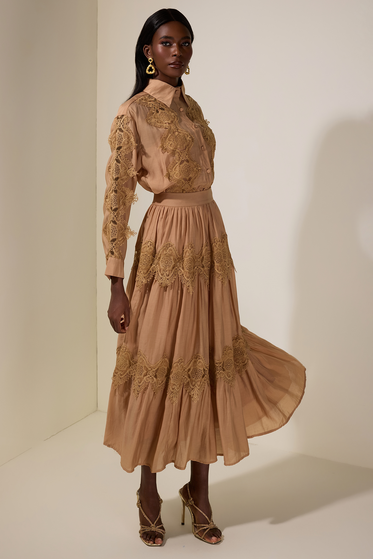 Lace Single Breasted Top & Mid Waist Midi Skirt Set