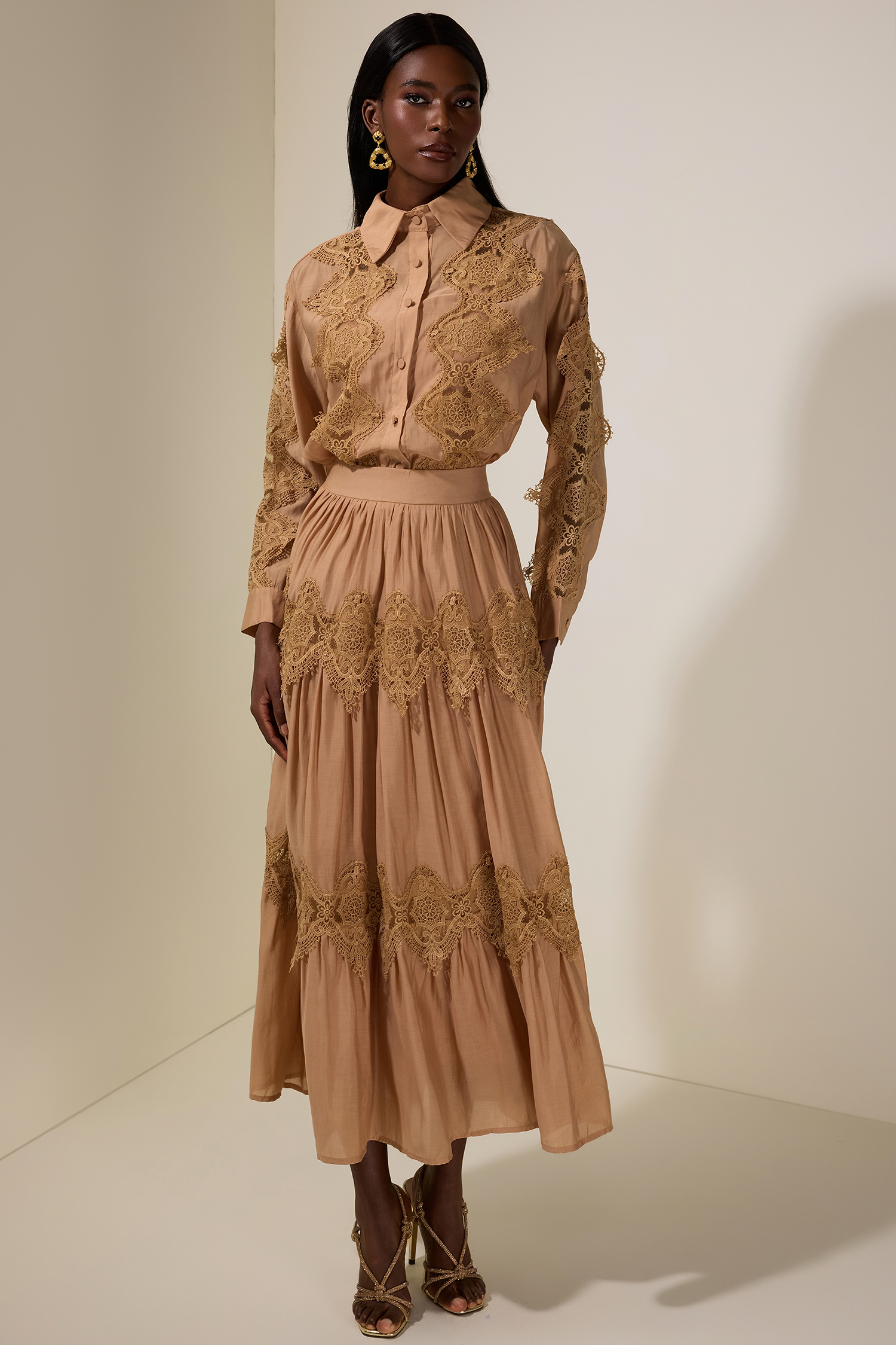 Lace Single Breasted Top & Mid Waist Midi Skirt Set