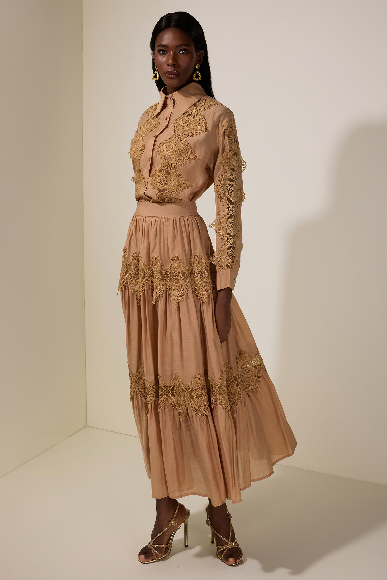 Lace Single Breasted Top & Mid Waist Midi Skirt Set