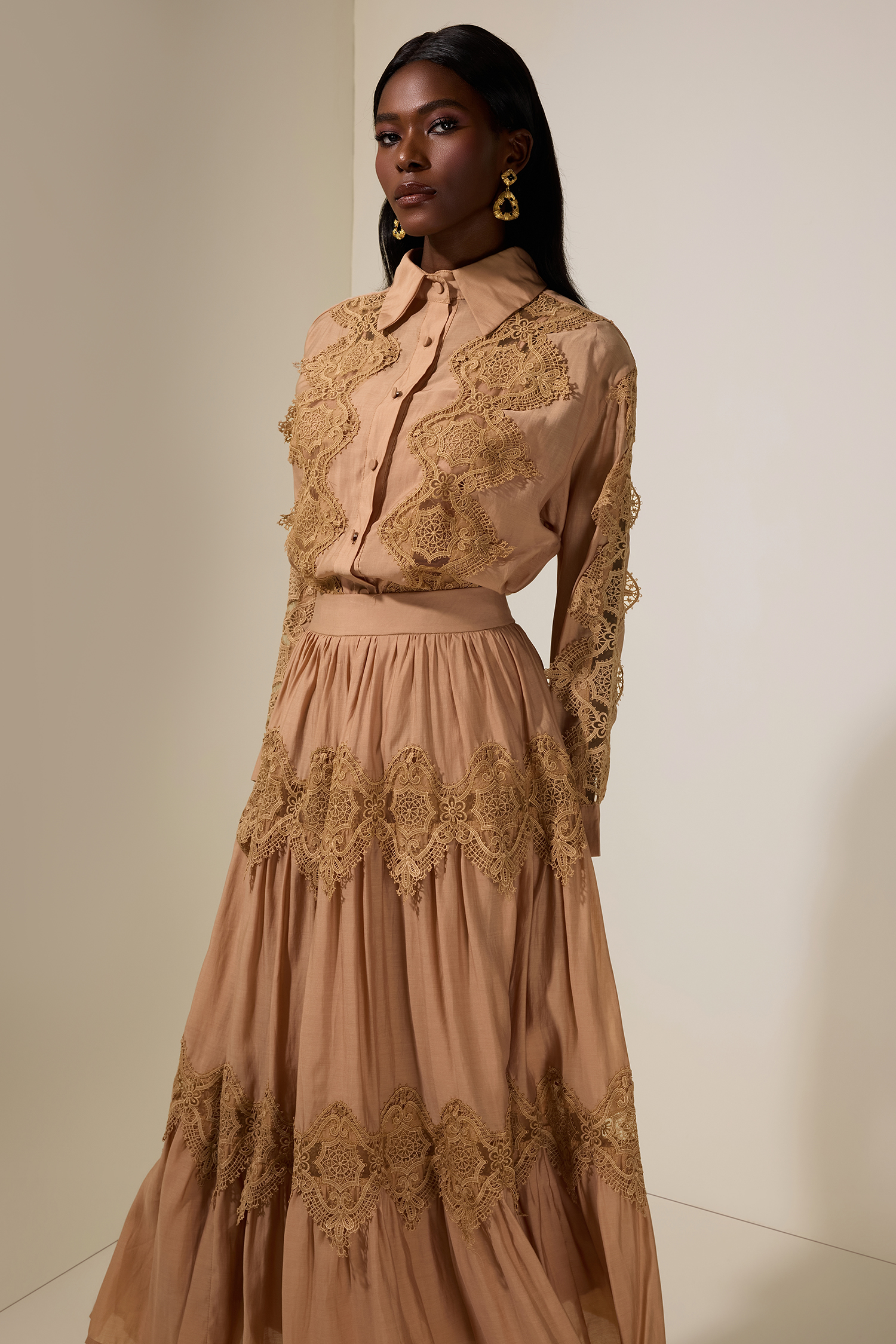 Lace Single Breasted Top & Mid Waist Midi Skirt Set