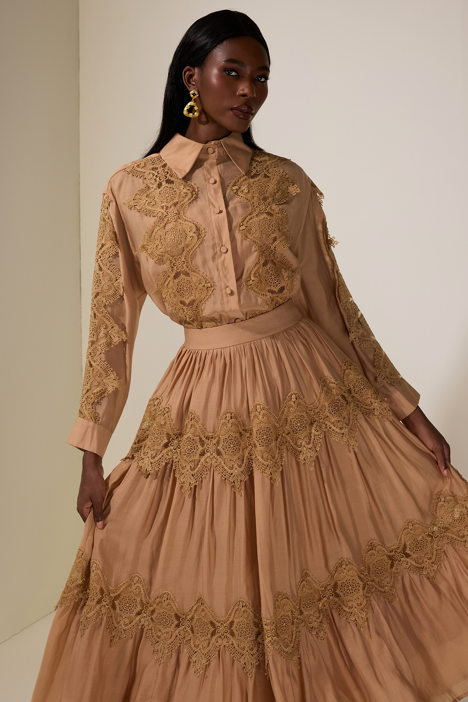 Lace Single Breasted Top & Mid Waist Midi Skirt Set