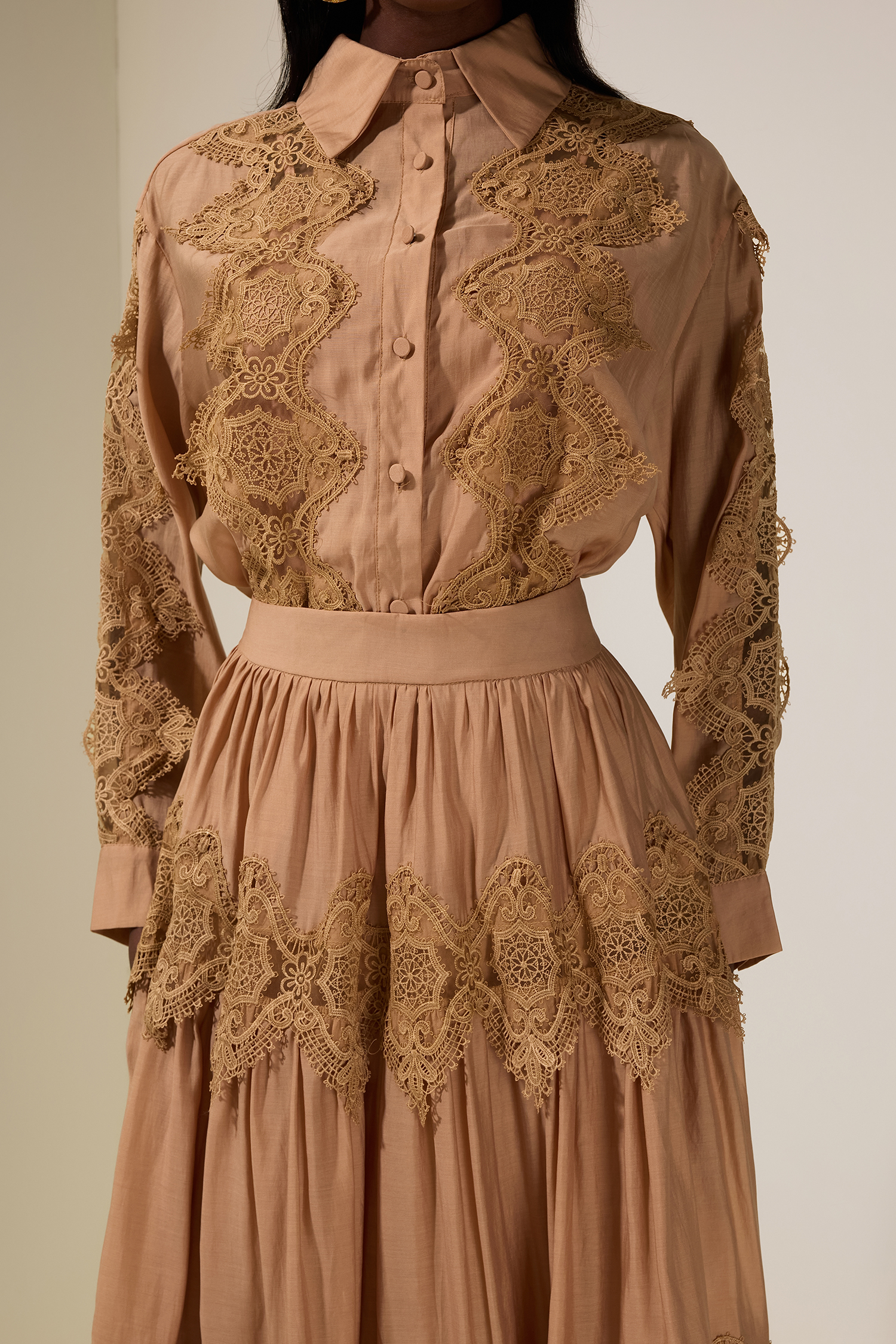 Lace Single Breasted Top & Mid Waist Midi Skirt Set