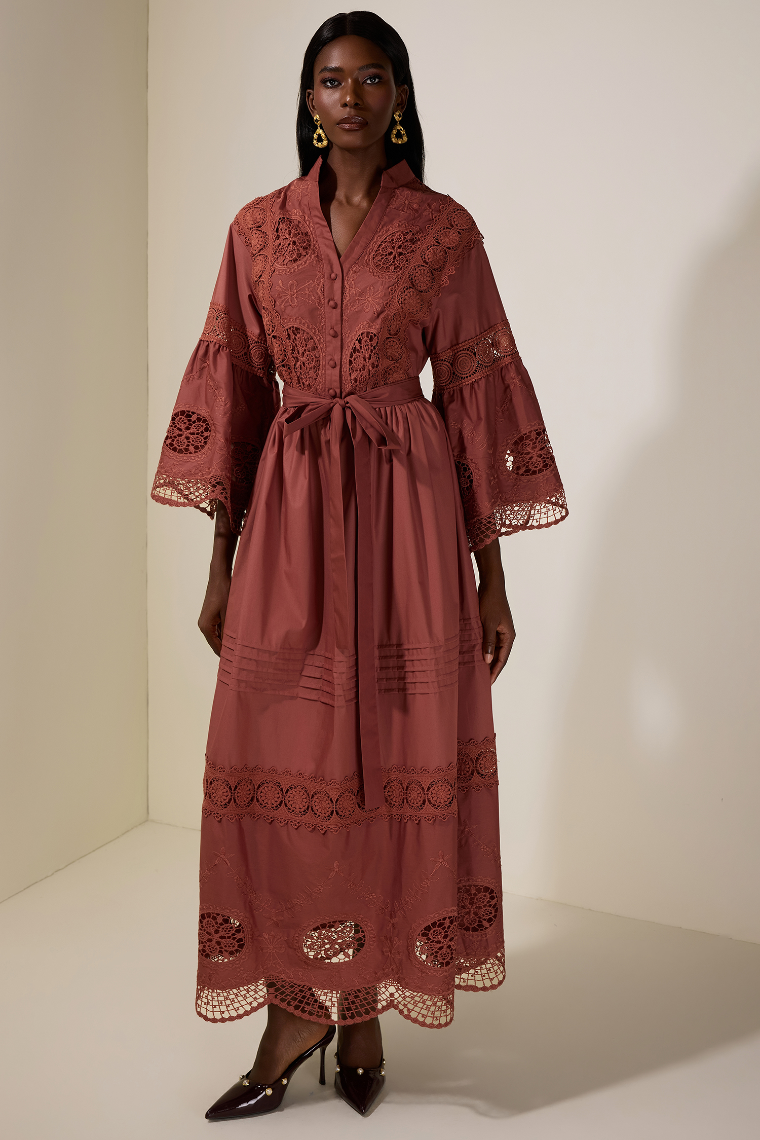 Embroidered Lace Bell Sleeve Maxi Dress