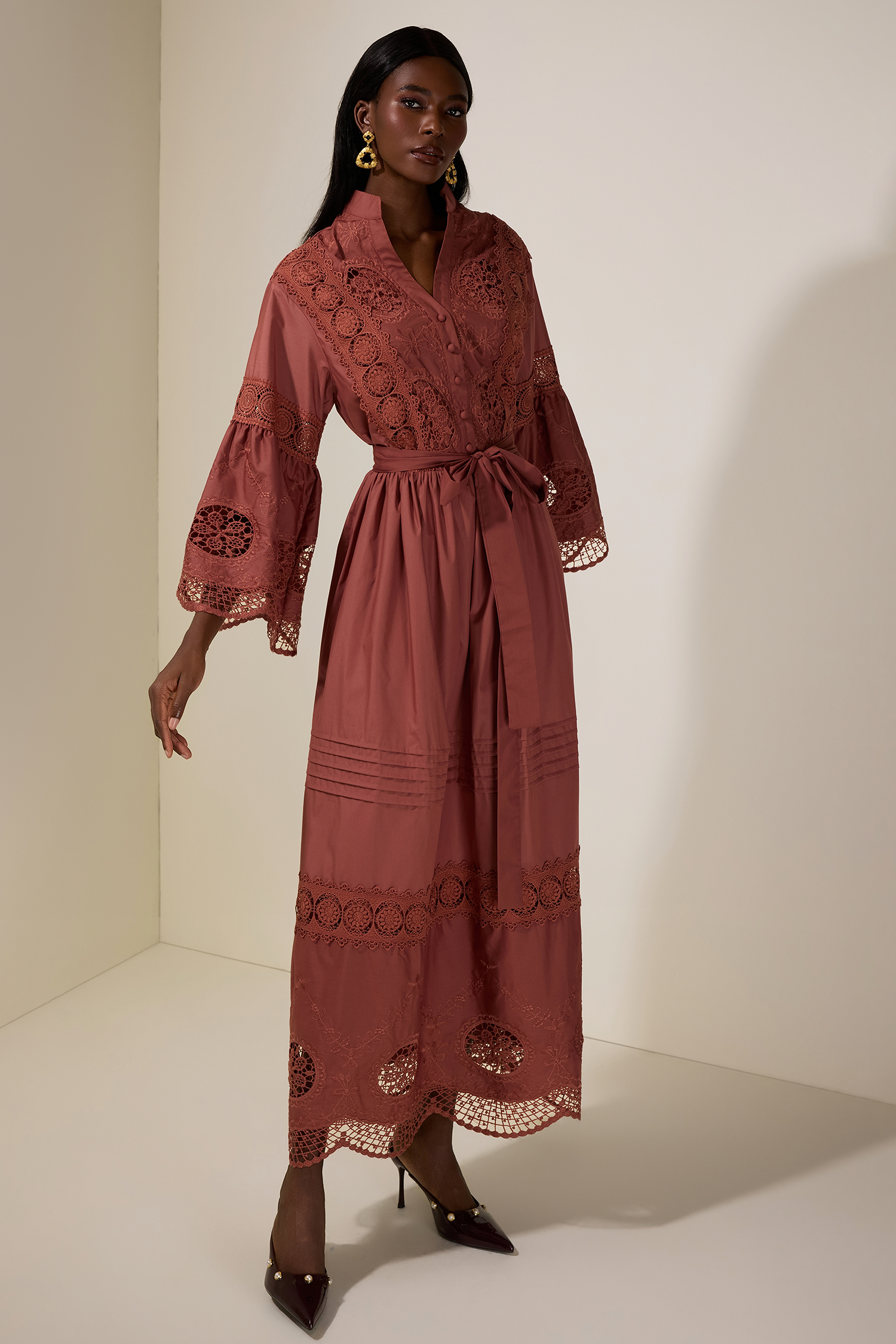 Embroidered Lace Bell Sleeve Maxi Dress