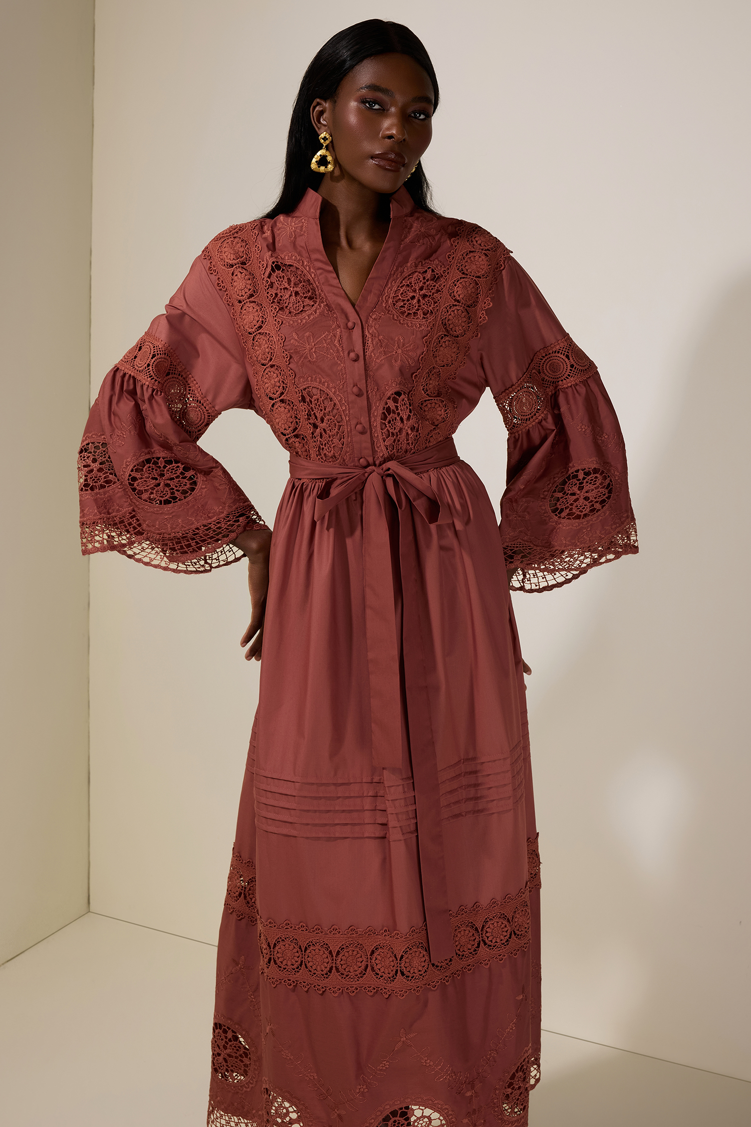 Embroidered Lace Bell Sleeve Maxi Dress