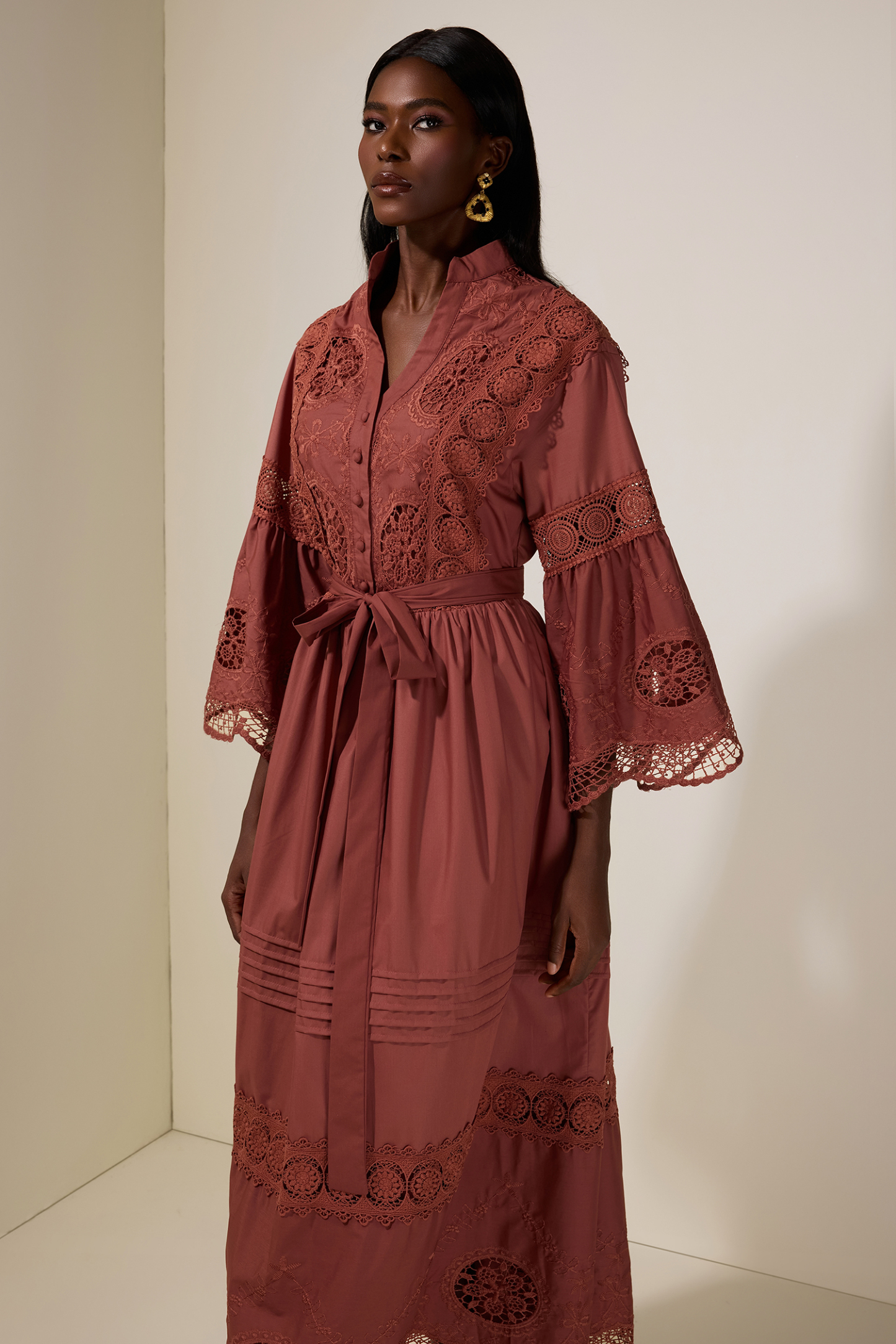Embroidered Lace Bell Sleeve Maxi Dress
