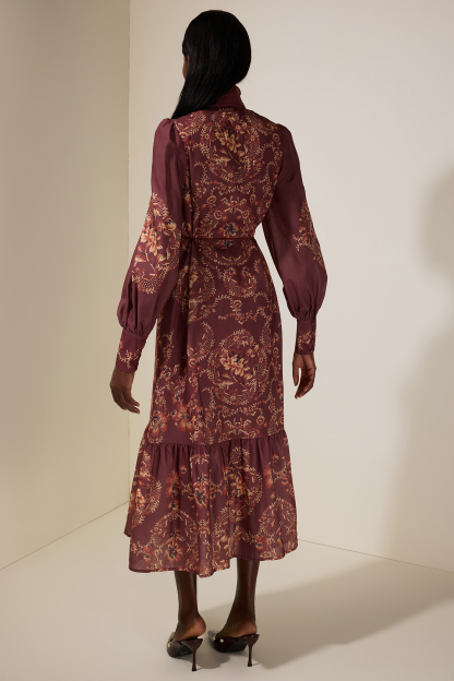 Floral Single Breasted Lantern Sleeve Midi Dress