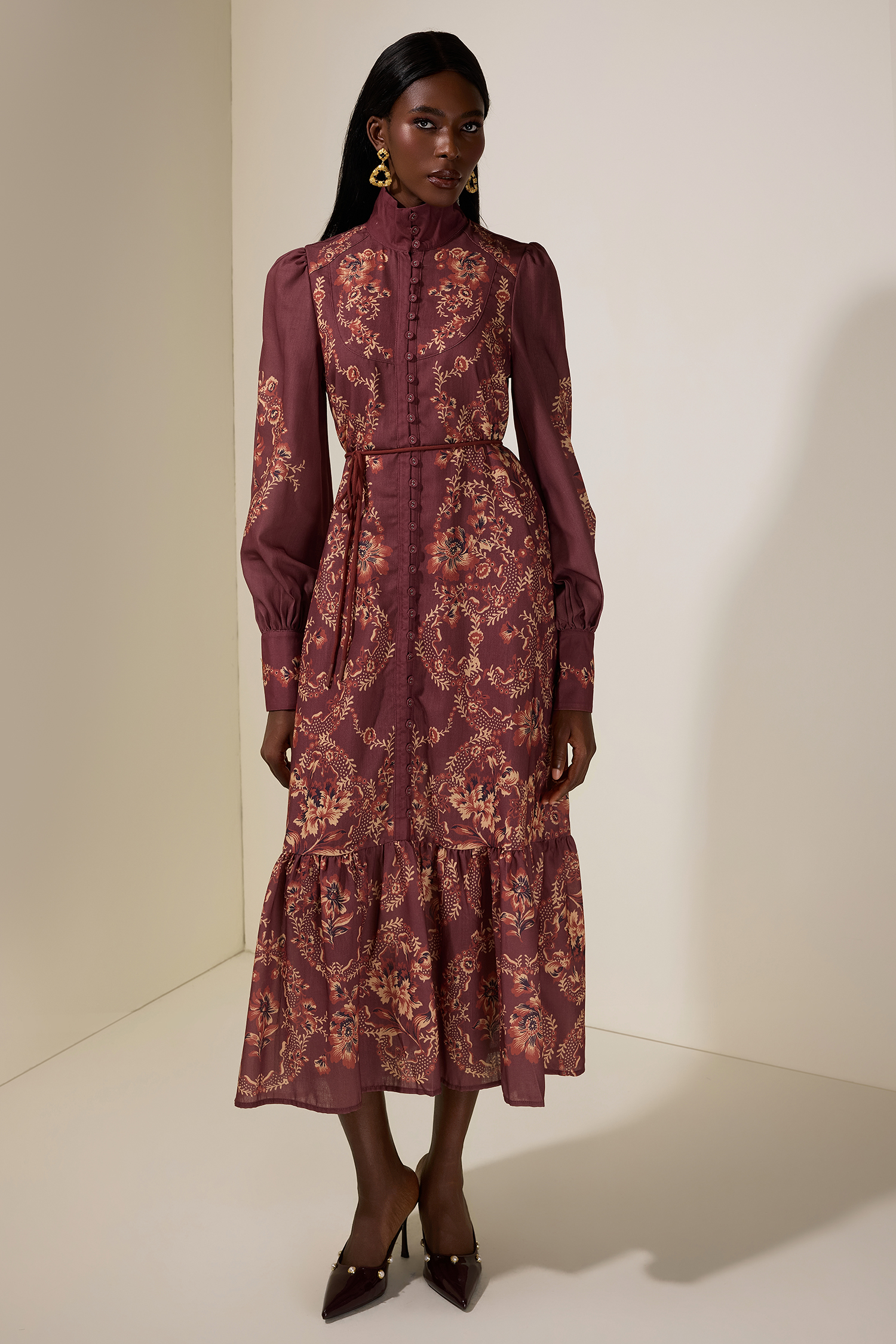 Floral Single Breasted Lantern Sleeve Midi Dress