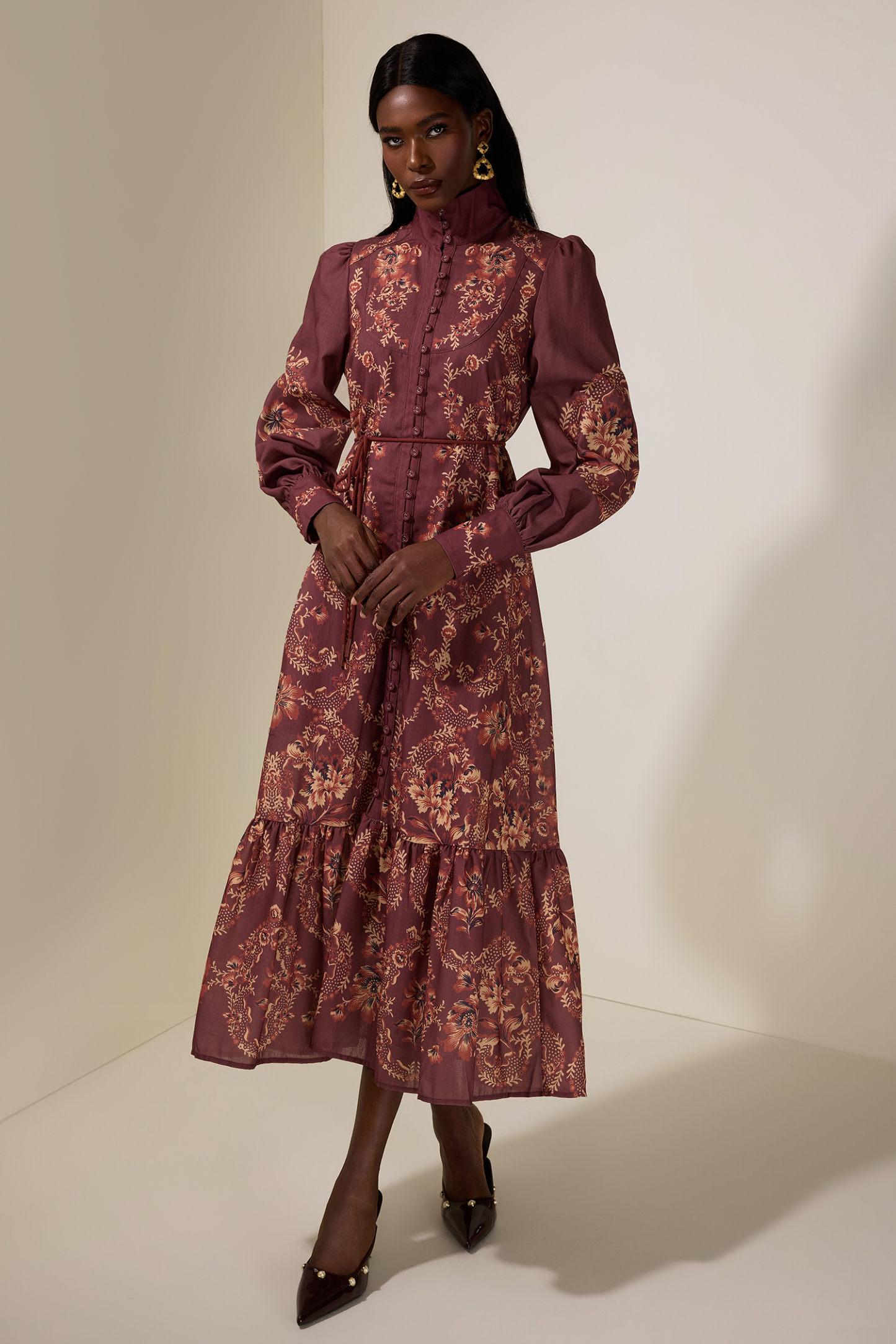 Floral Single Breasted Lantern Sleeve Midi Dress