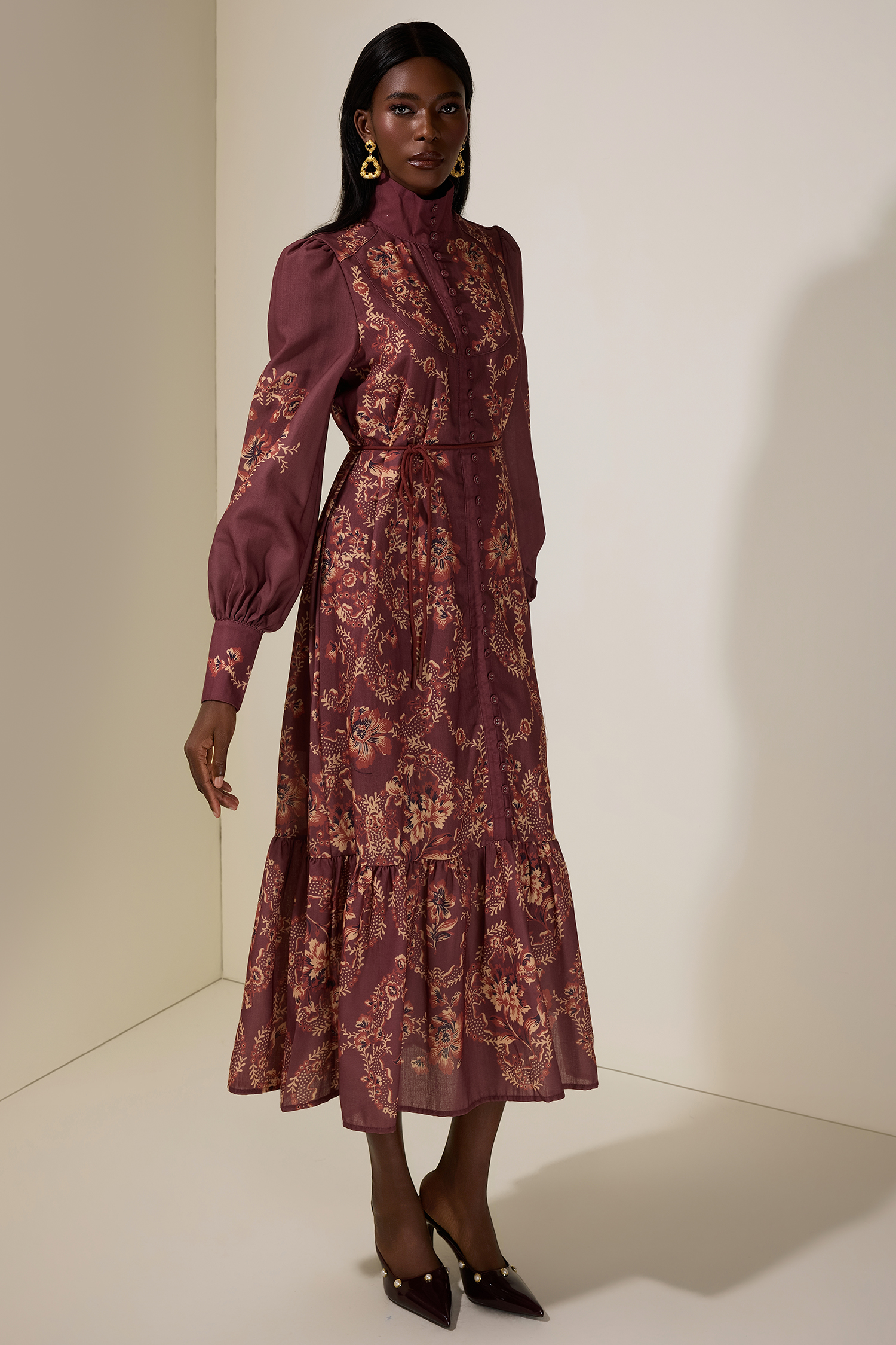 Floral Single Breasted Lantern Sleeve Midi Dress