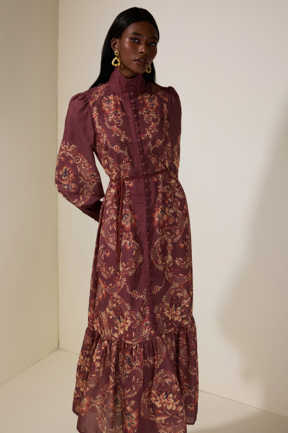 Floral Single Breasted Lantern Sleeve Midi Dress