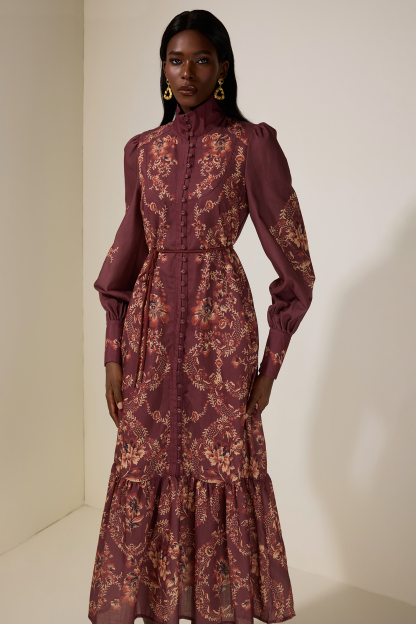 Floral Single Breasted Lantern Sleeve Midi Dress