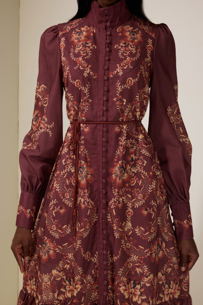 Floral Single Breasted Lantern Sleeve Midi Dress