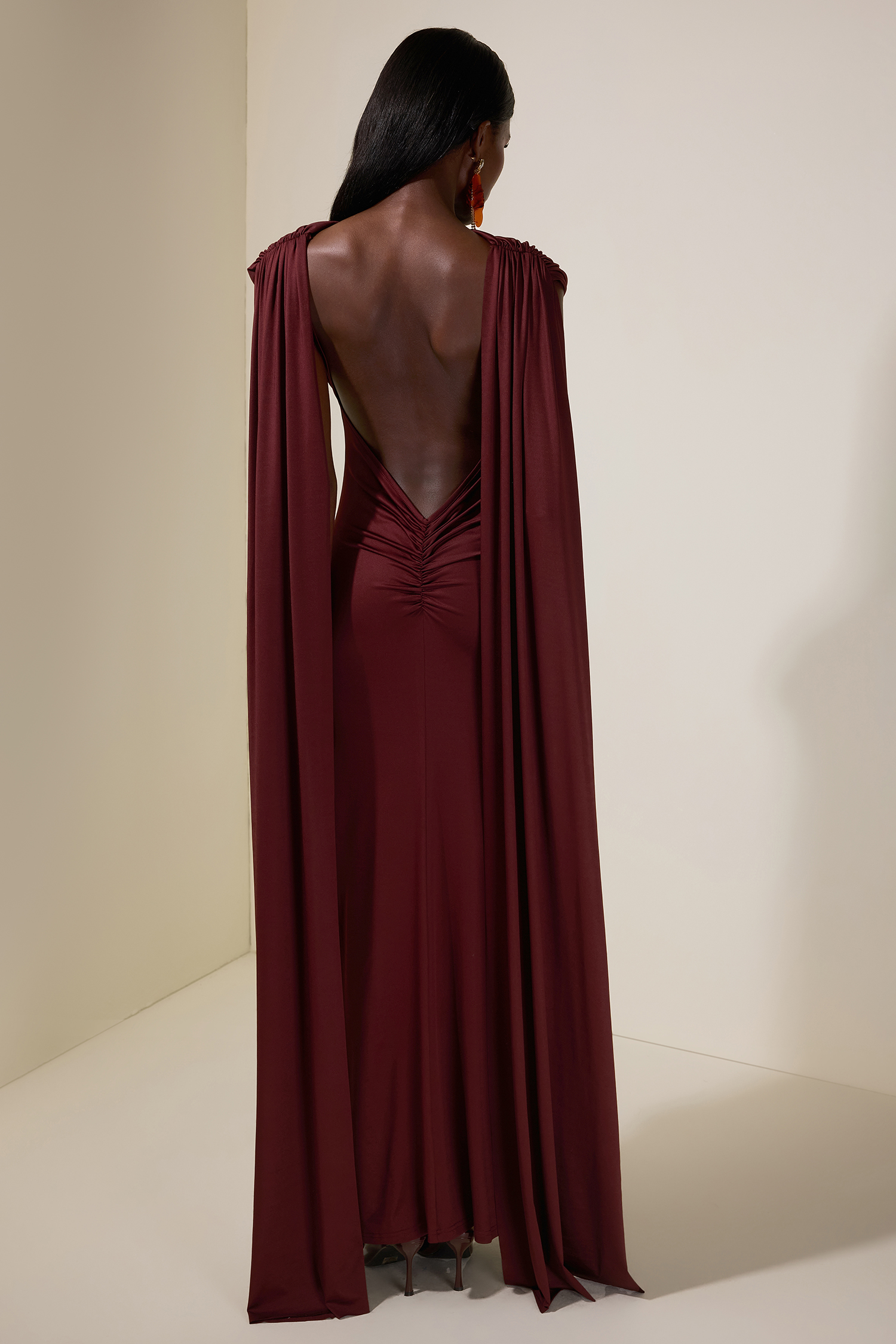 Jersey Backless Cape Sleeve Maxi Dress