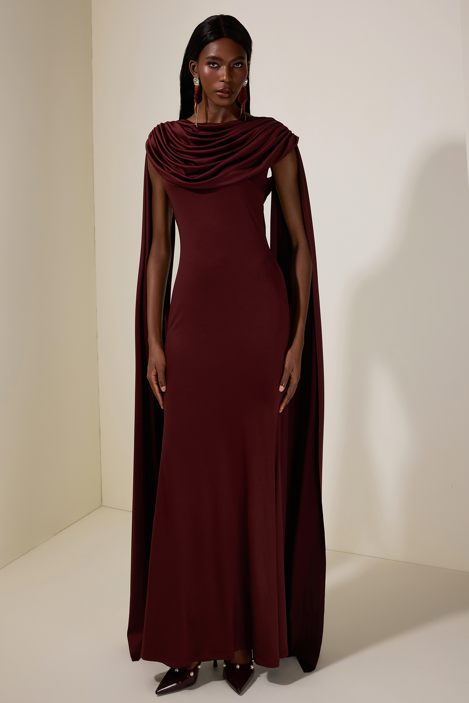 Jersey Backless Cape Sleeve Maxi Dress
