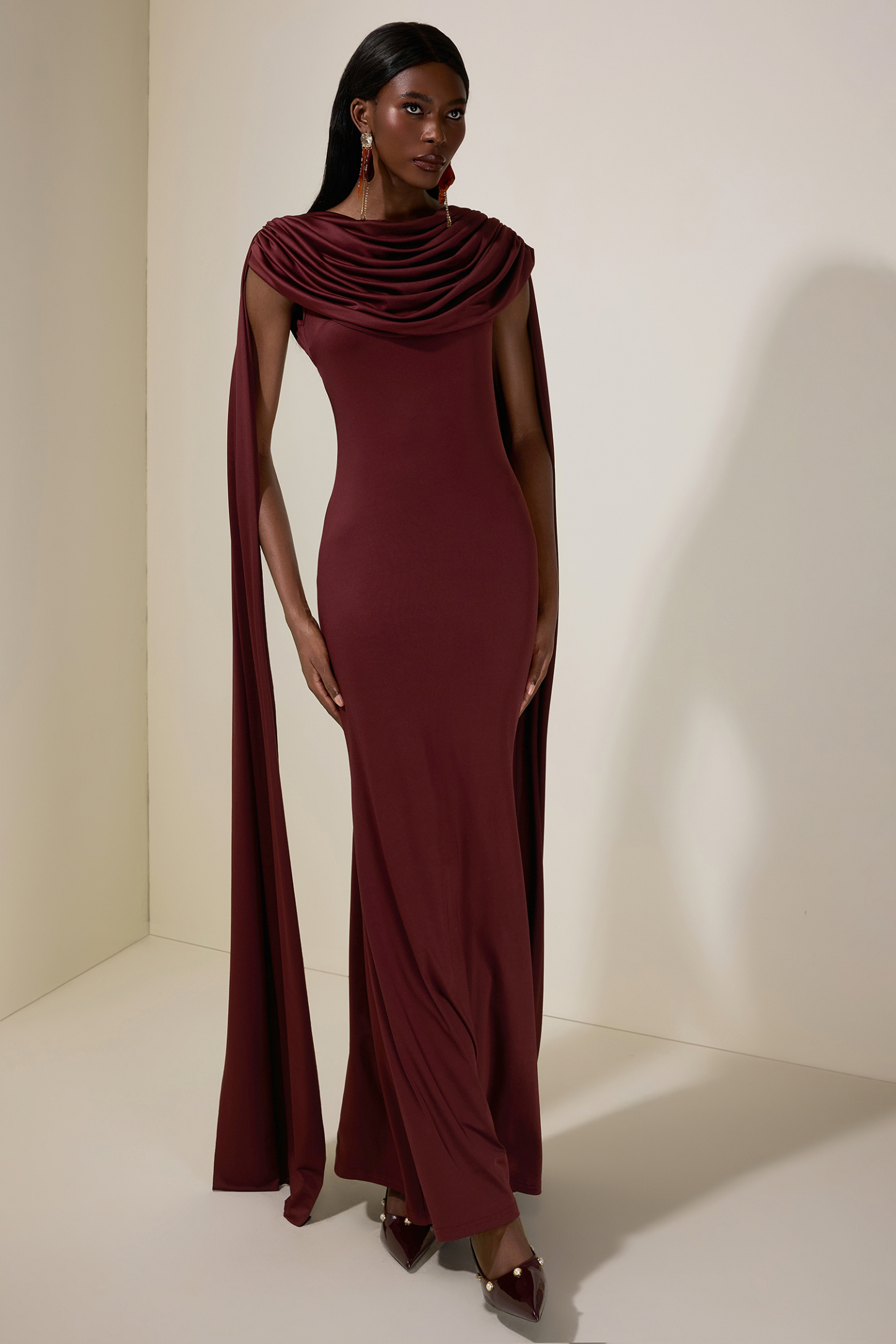 Jersey Backless Cape Sleeve Maxi Dress