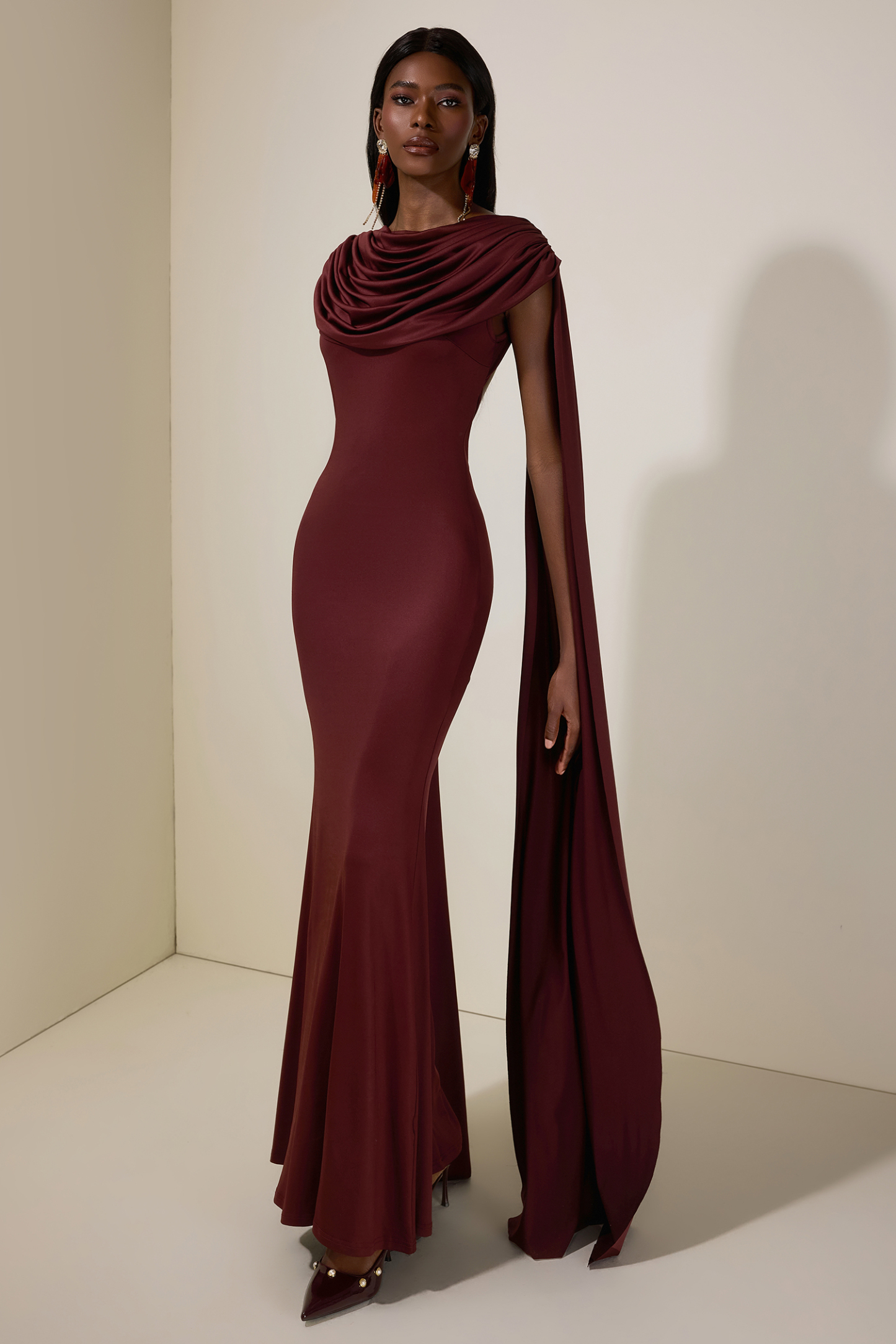 Jersey Backless Cape Sleeve Maxi Dress