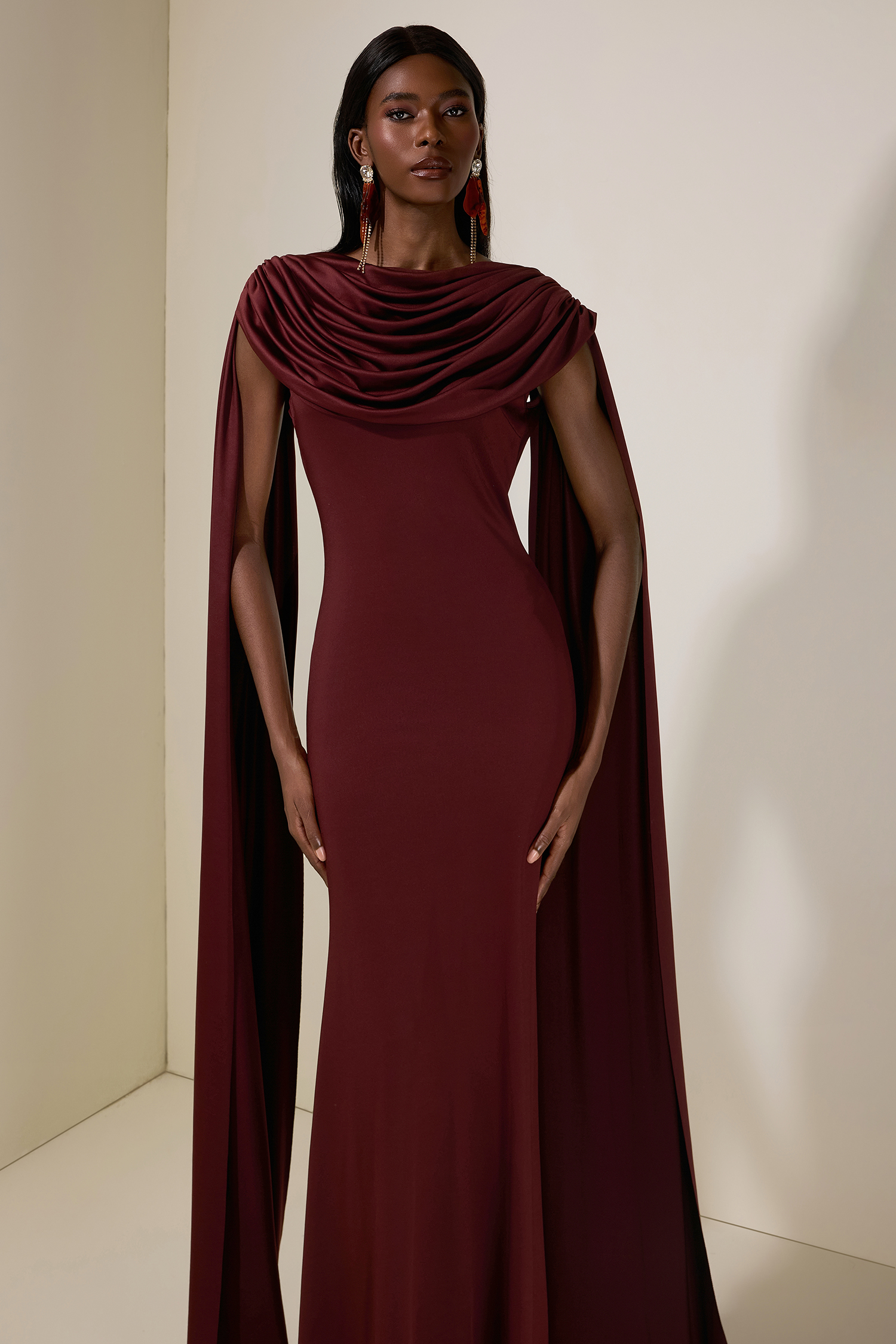 Jersey Backless Cape Sleeve Maxi Dress