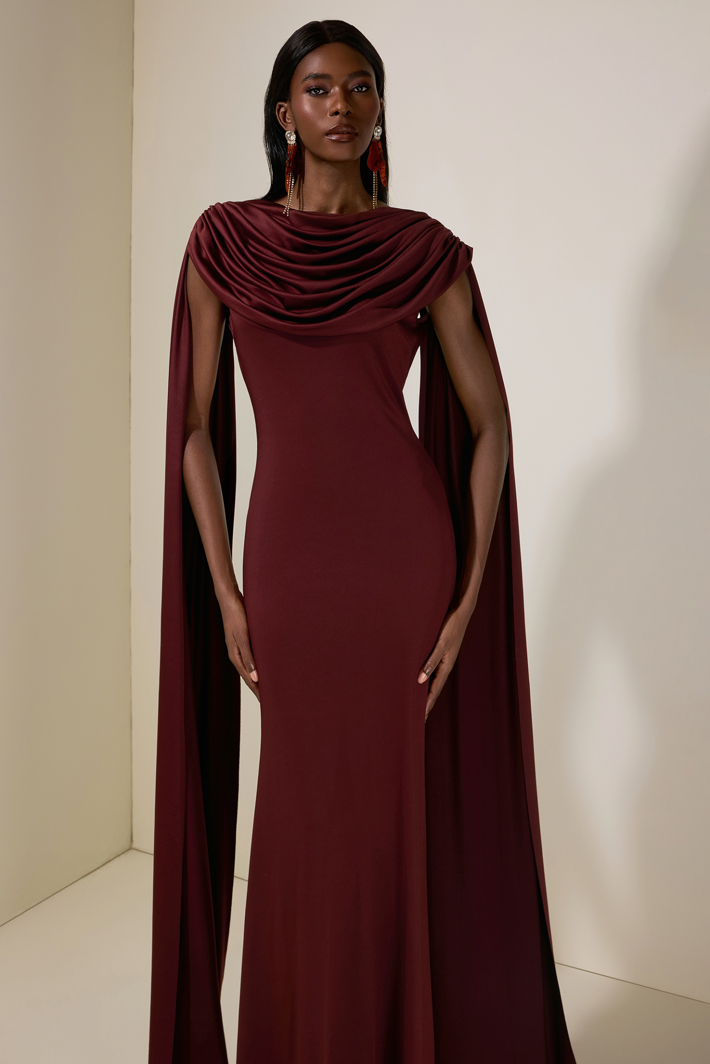 Jersey Backless Cape Sleeve Maxi Dress