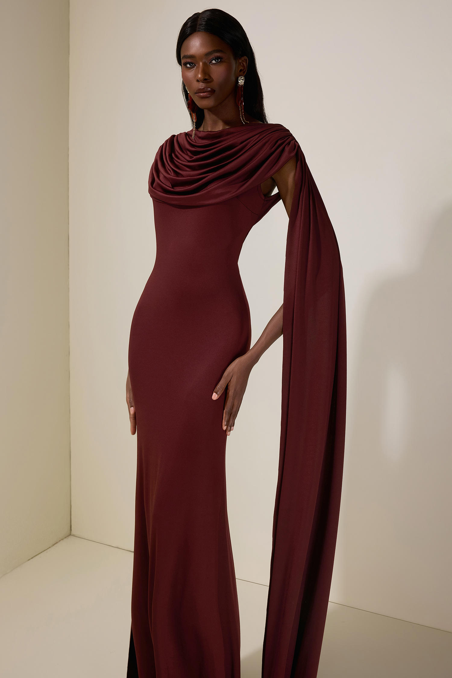 Jersey Backless Cape Sleeve Maxi Dress