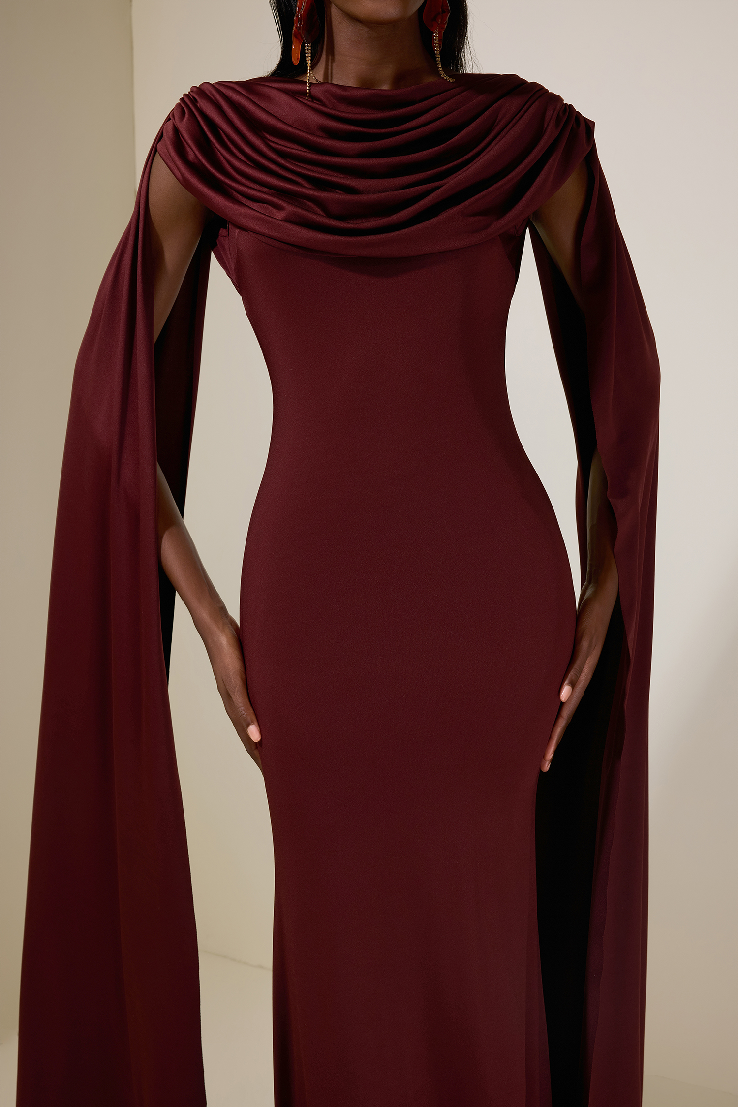 Jersey Backless Cape Sleeve Maxi Dress