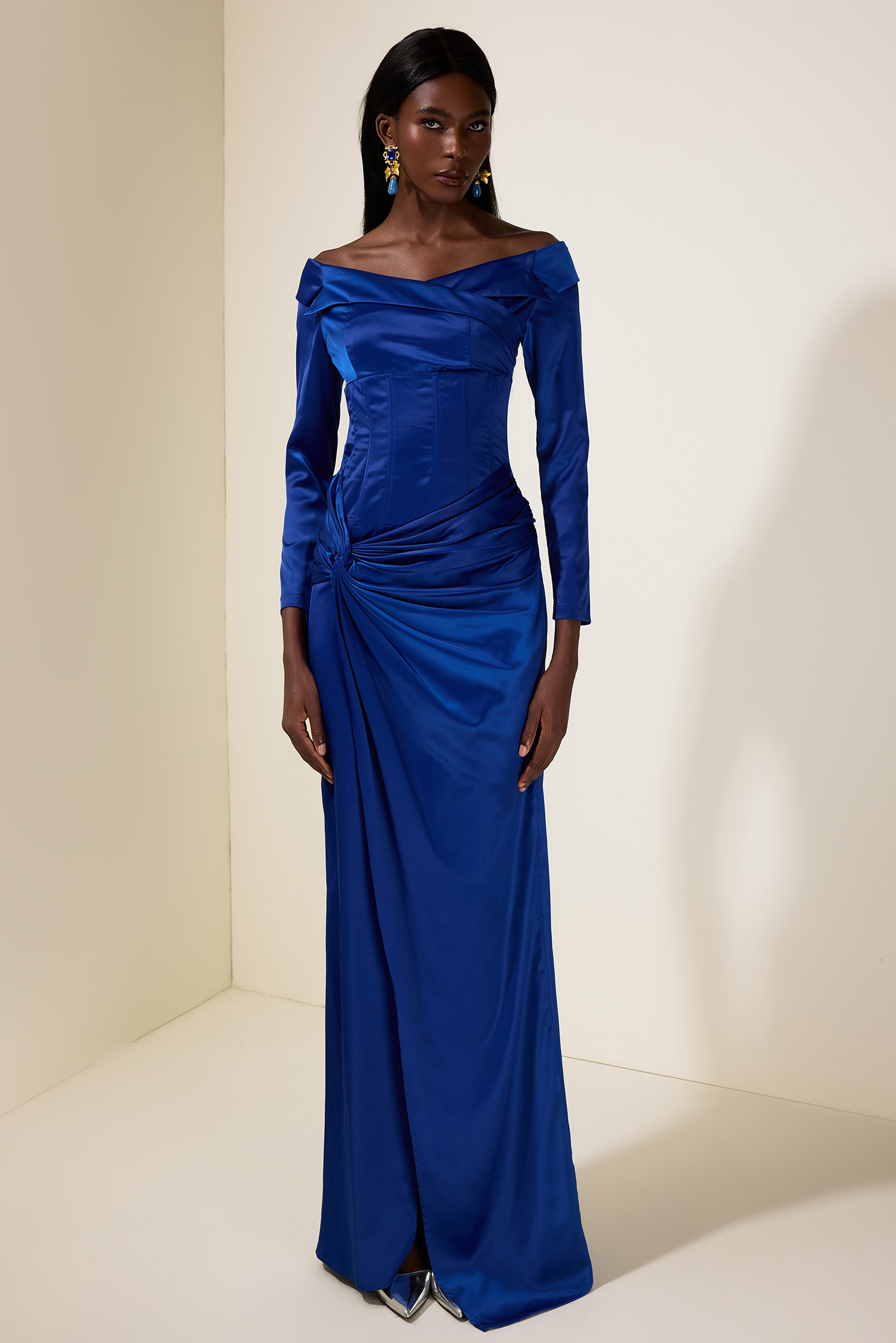 Satin Knotted Off Shoulder Maxi Dress