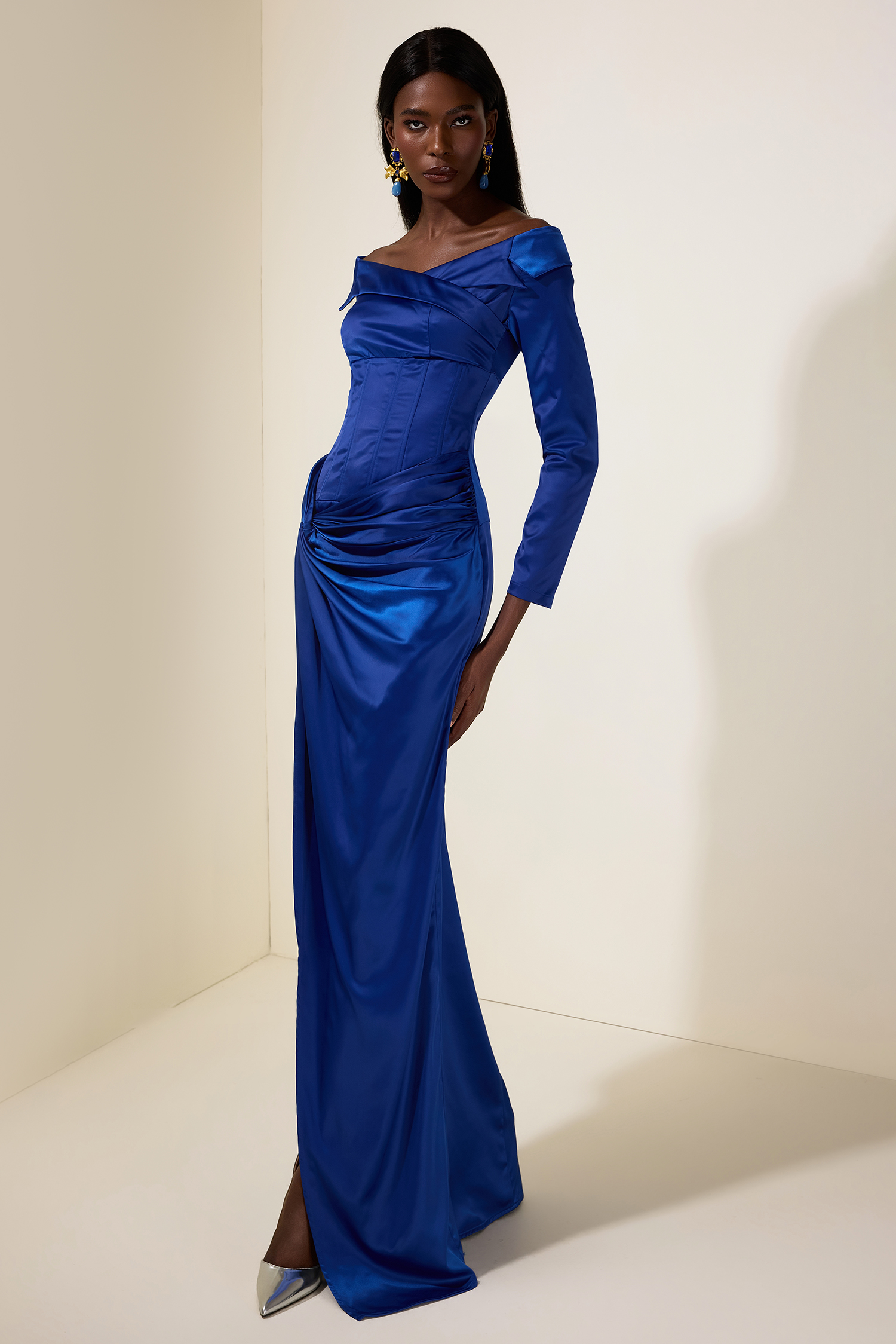 Satin Knotted Off Shoulder Maxi Dress