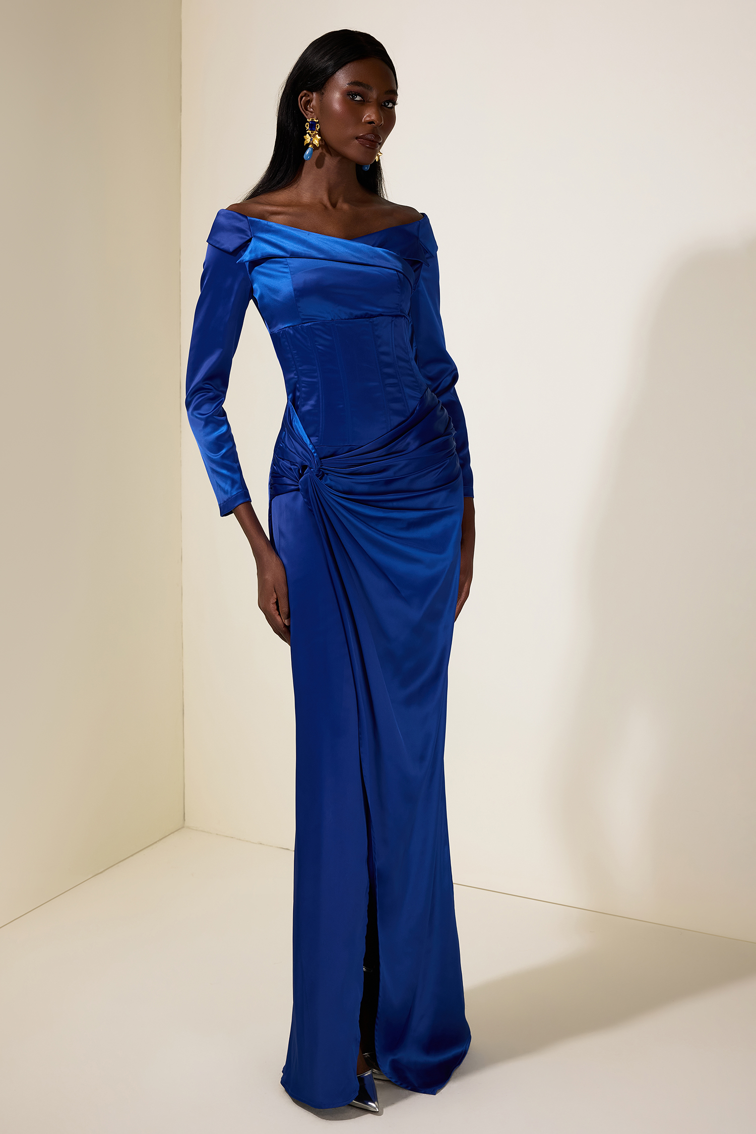 Satin Knotted Off Shoulder Maxi Dress