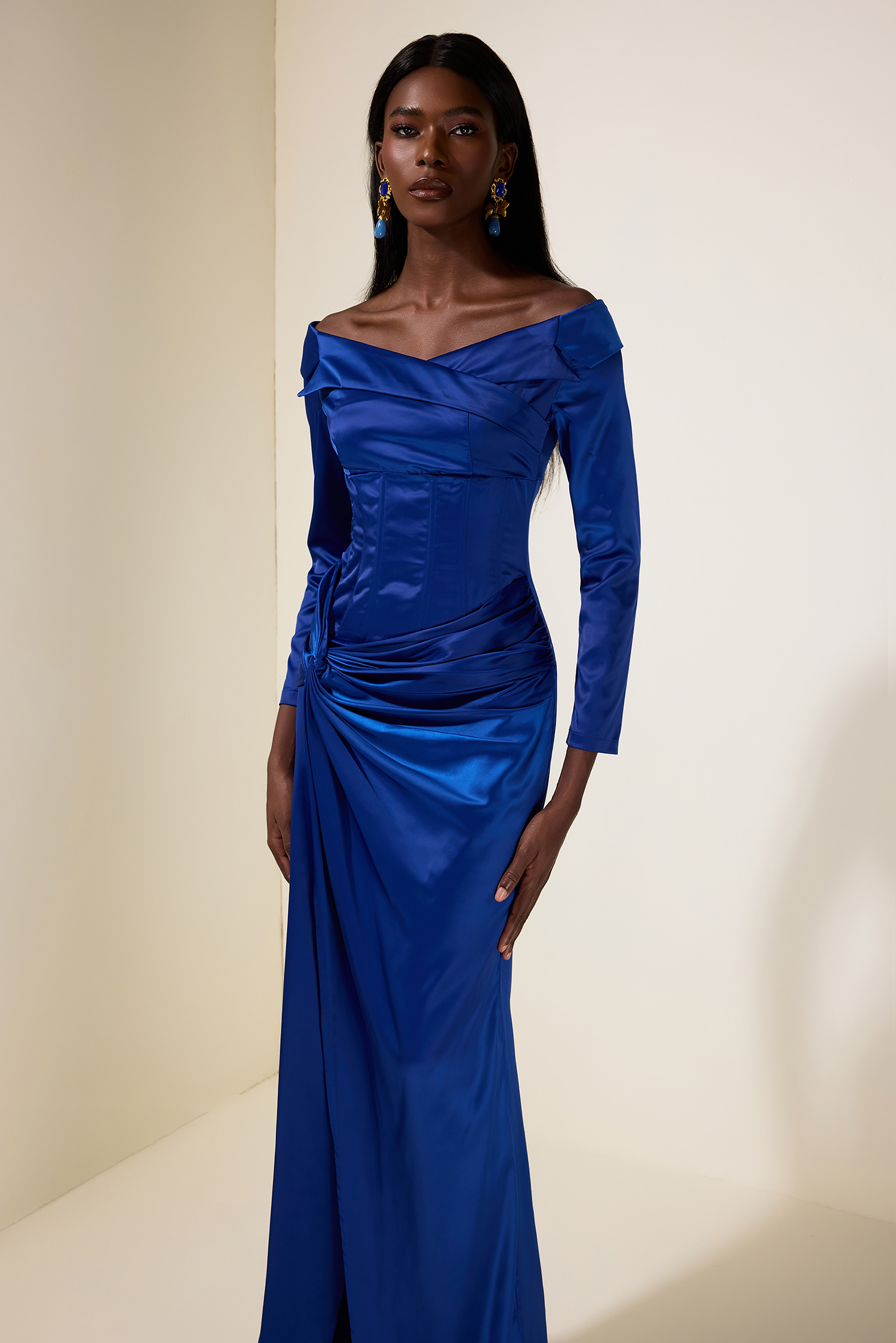 Satin Knotted Off Shoulder Maxi Dress
