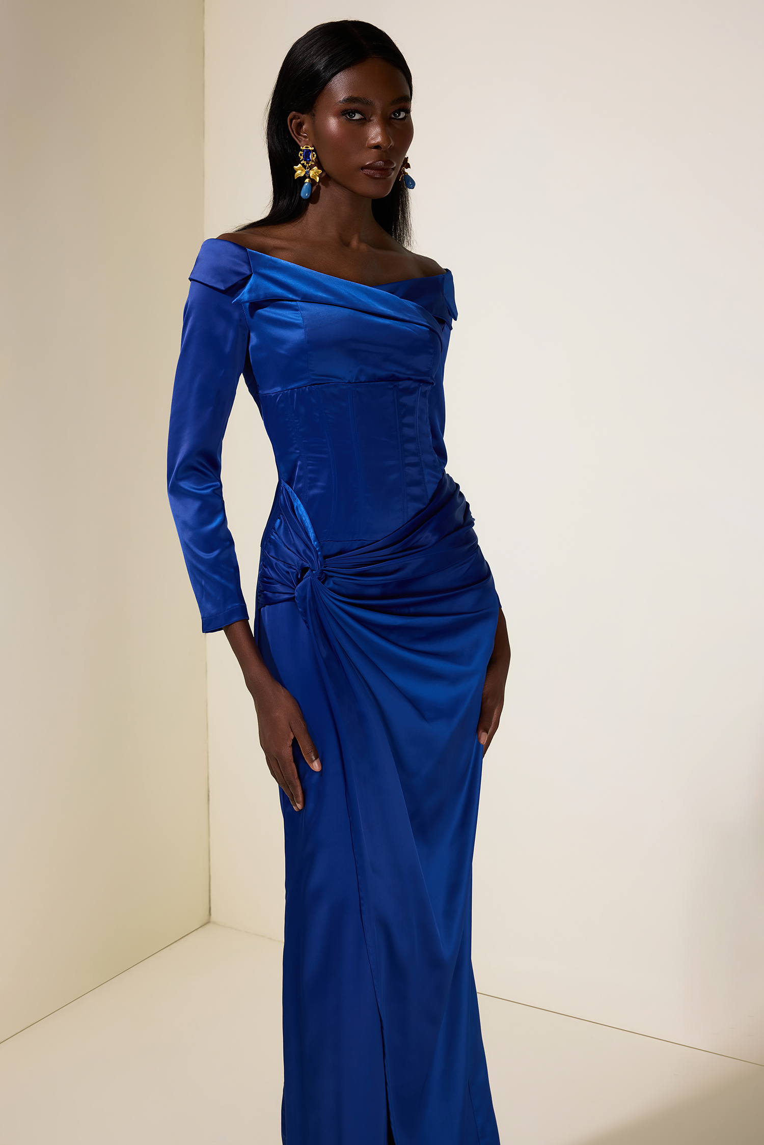 Satin Knotted Off Shoulder Maxi Dress