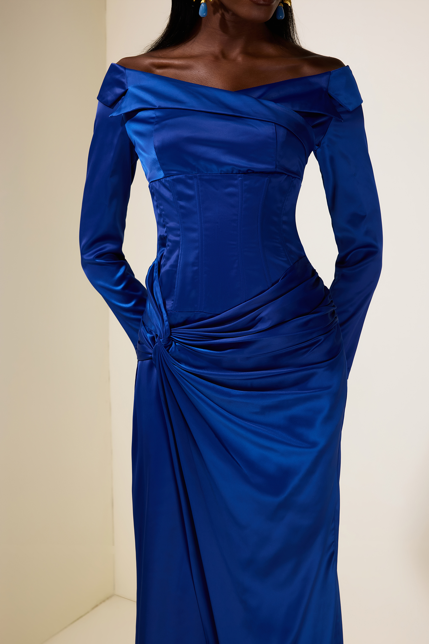 Satin Knotted Off Shoulder Maxi Dress