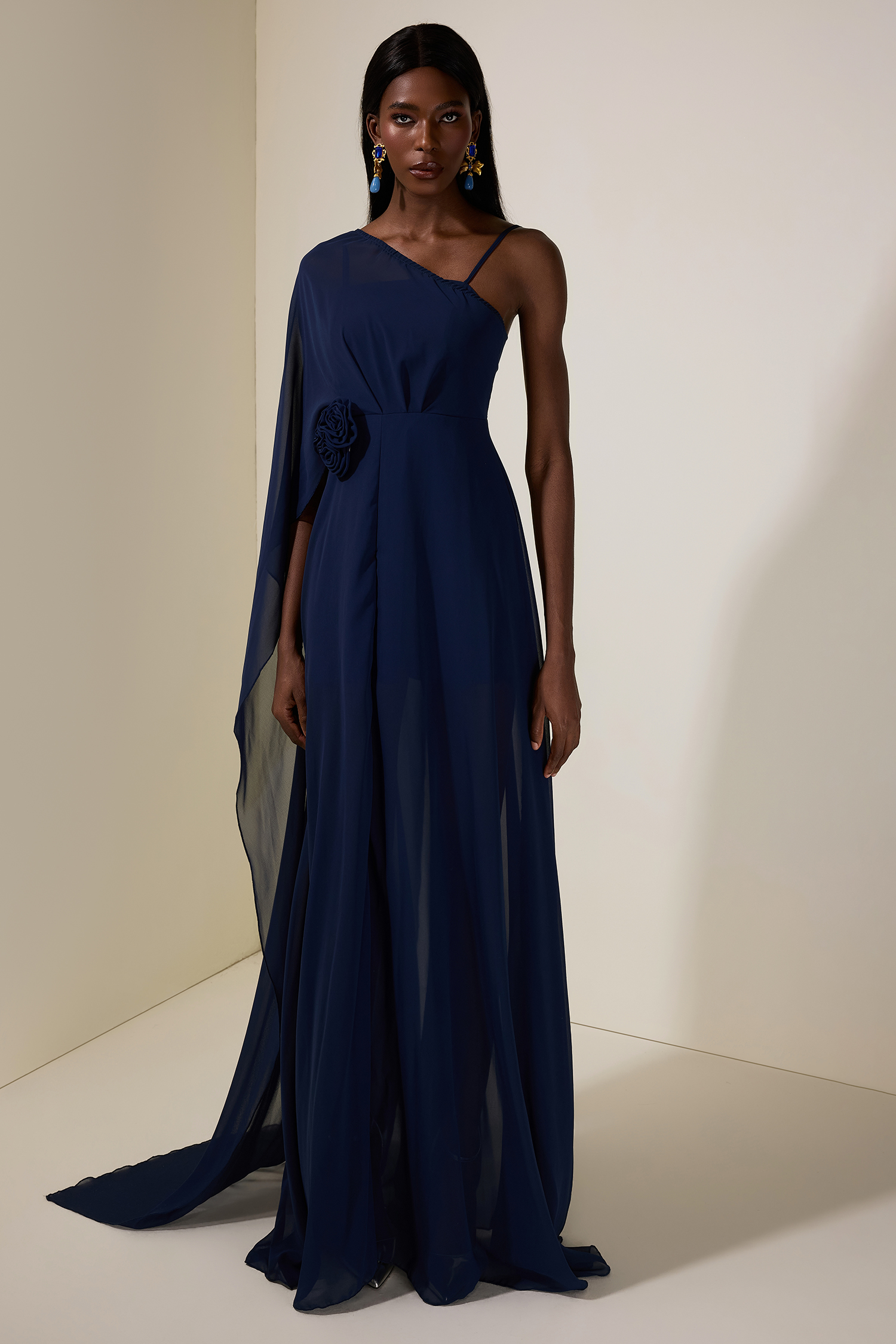 Chiffon Skew Collar Cape Sleeve Maxi Dress