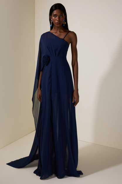 Chiffon Skew Collar Cape Sleeve Maxi Dress