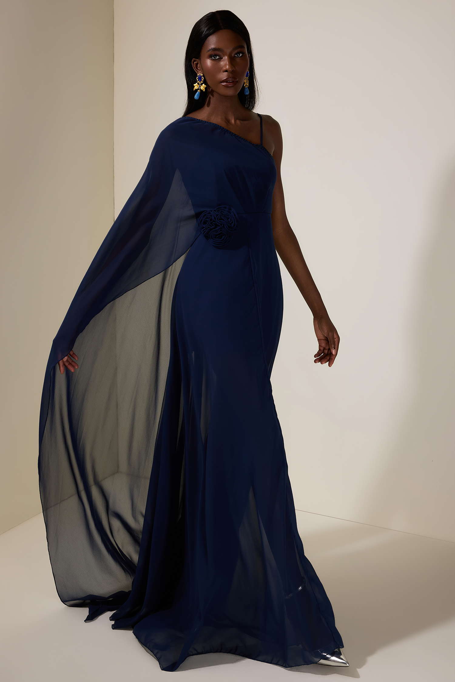 Chiffon Skew Collar Cape Sleeve Maxi Dress