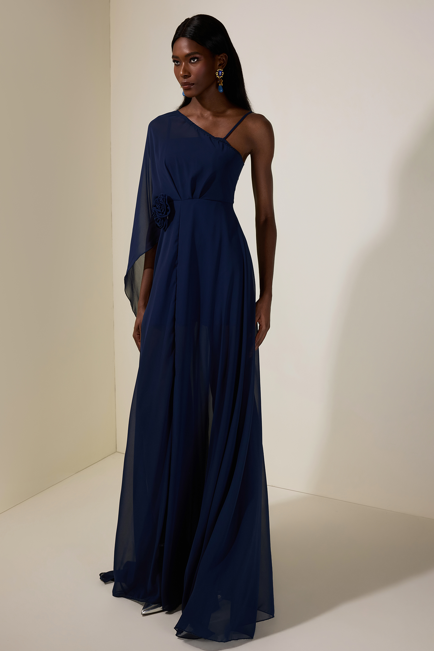 Chiffon Skew Collar Cape Sleeve Maxi Dress