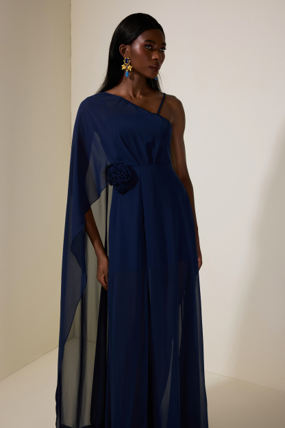 Chiffon Skew Collar Cape Sleeve Maxi Dress