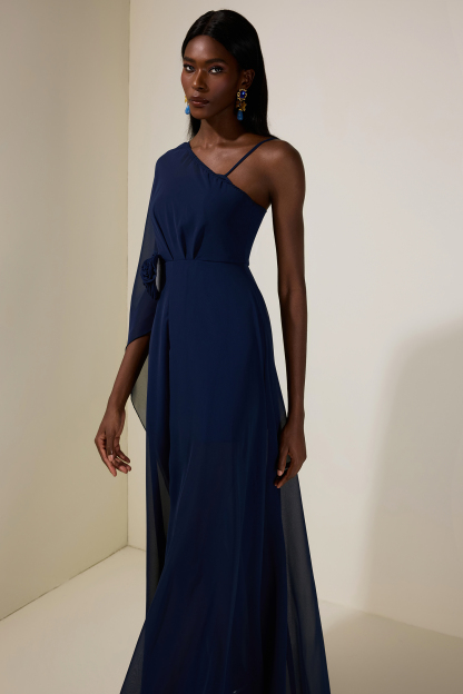 Chiffon Skew Collar Cape Sleeve Maxi Dress