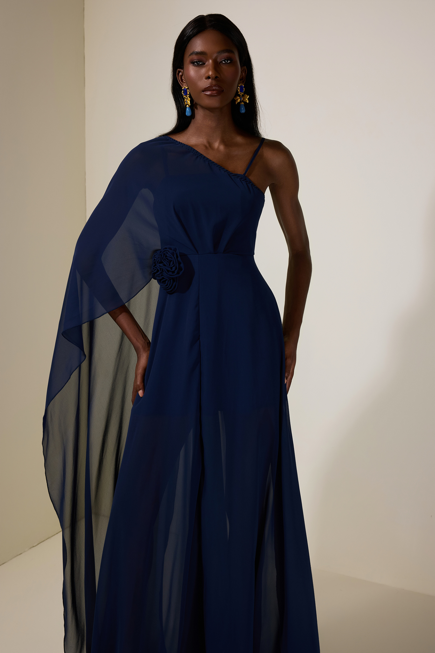 Chiffon Skew Collar Cape Sleeve Maxi Dress