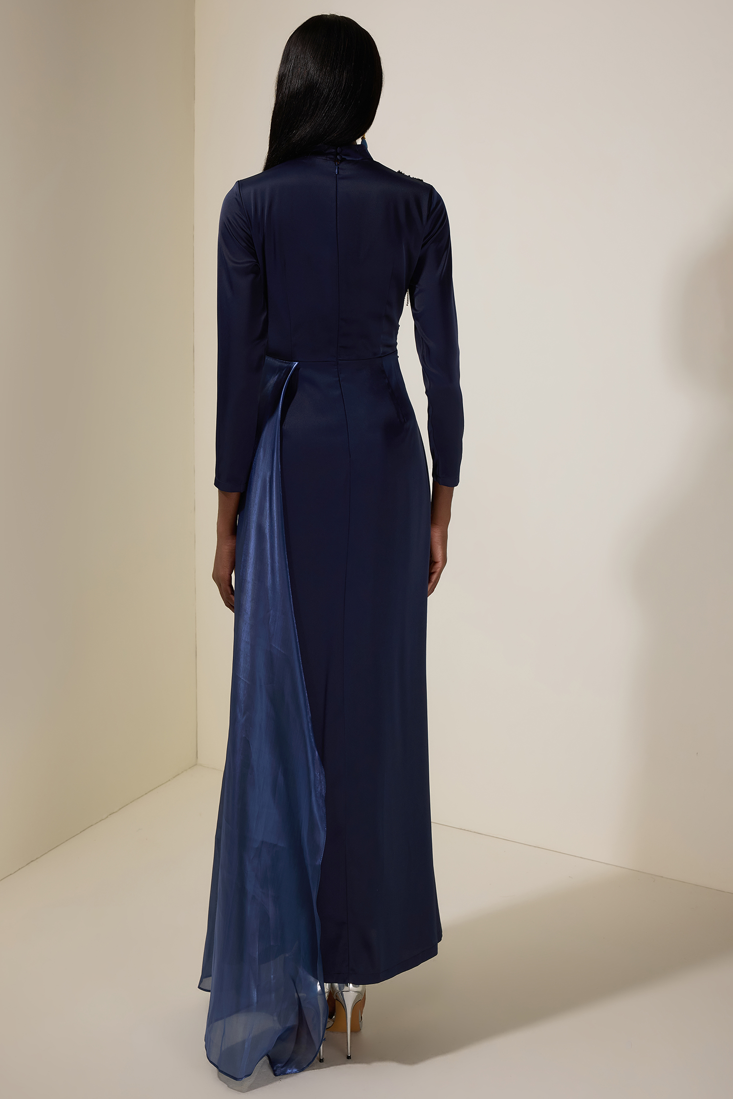 Rhinestone 3D Flower Satin Maxi Dress